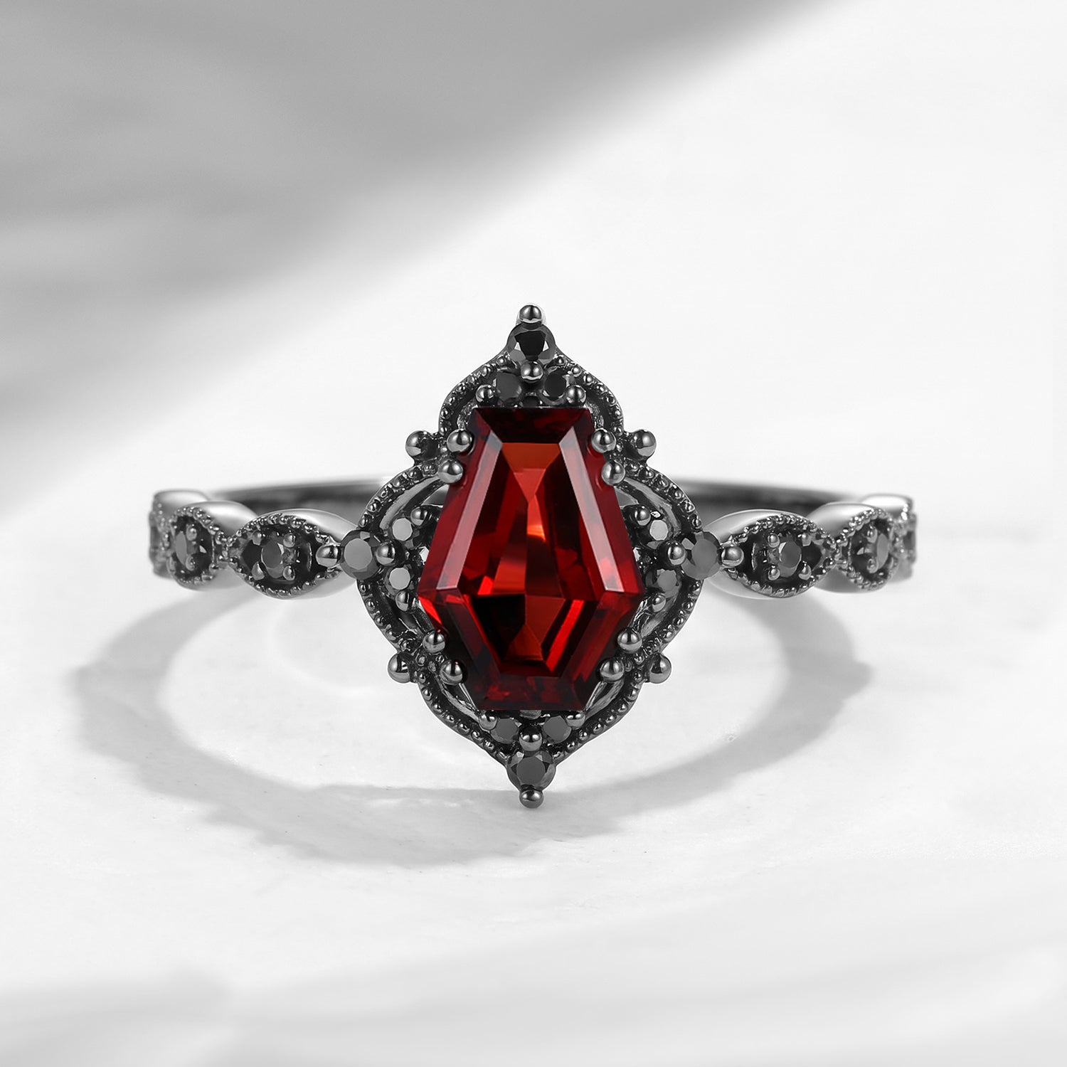 Vintage Inspired - Gothic Coffin Cut Red Garnet Engagement Ring in Black Gold