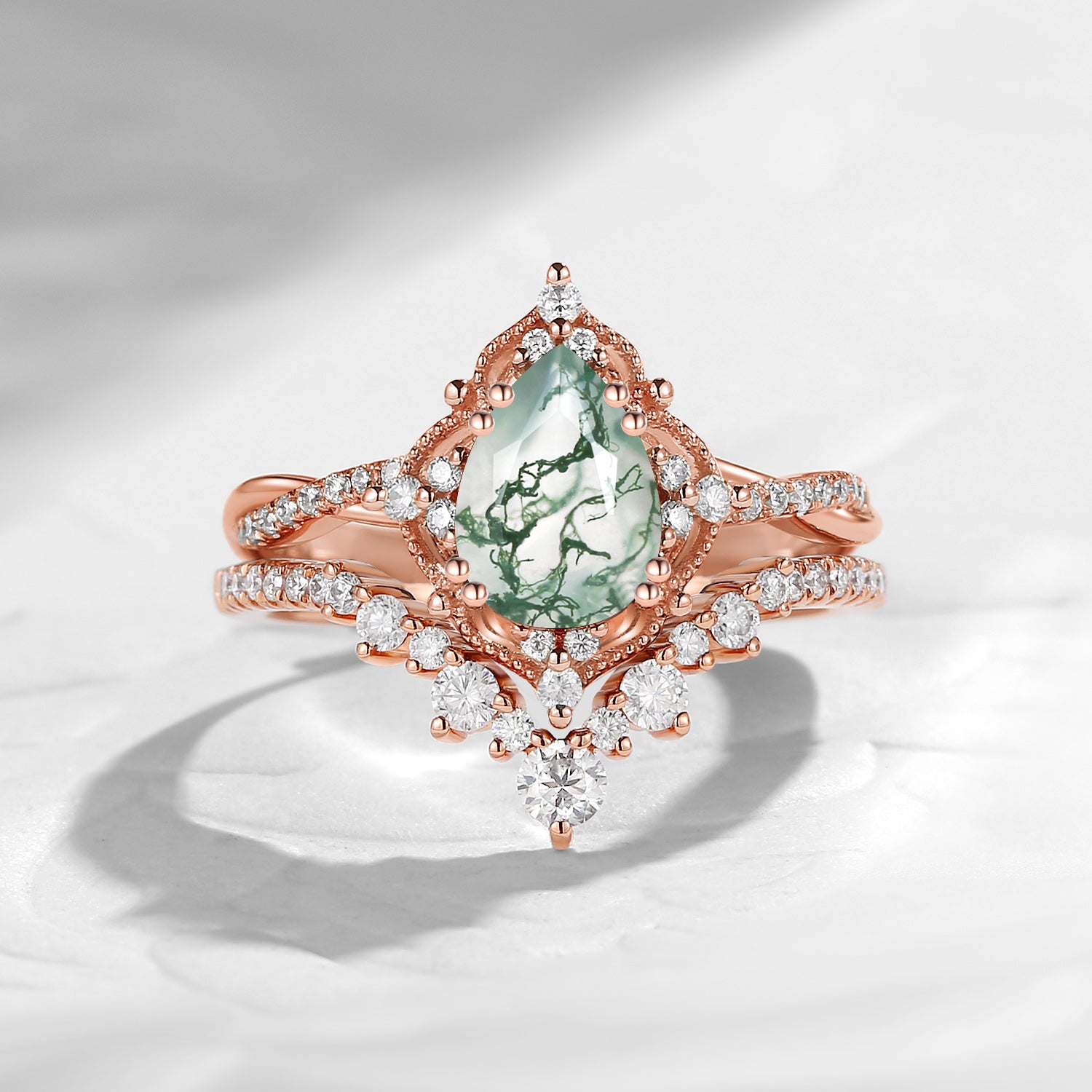Vintage Inspired Pear Cut Moss Agate Infinity Engagement Ring 2pcs