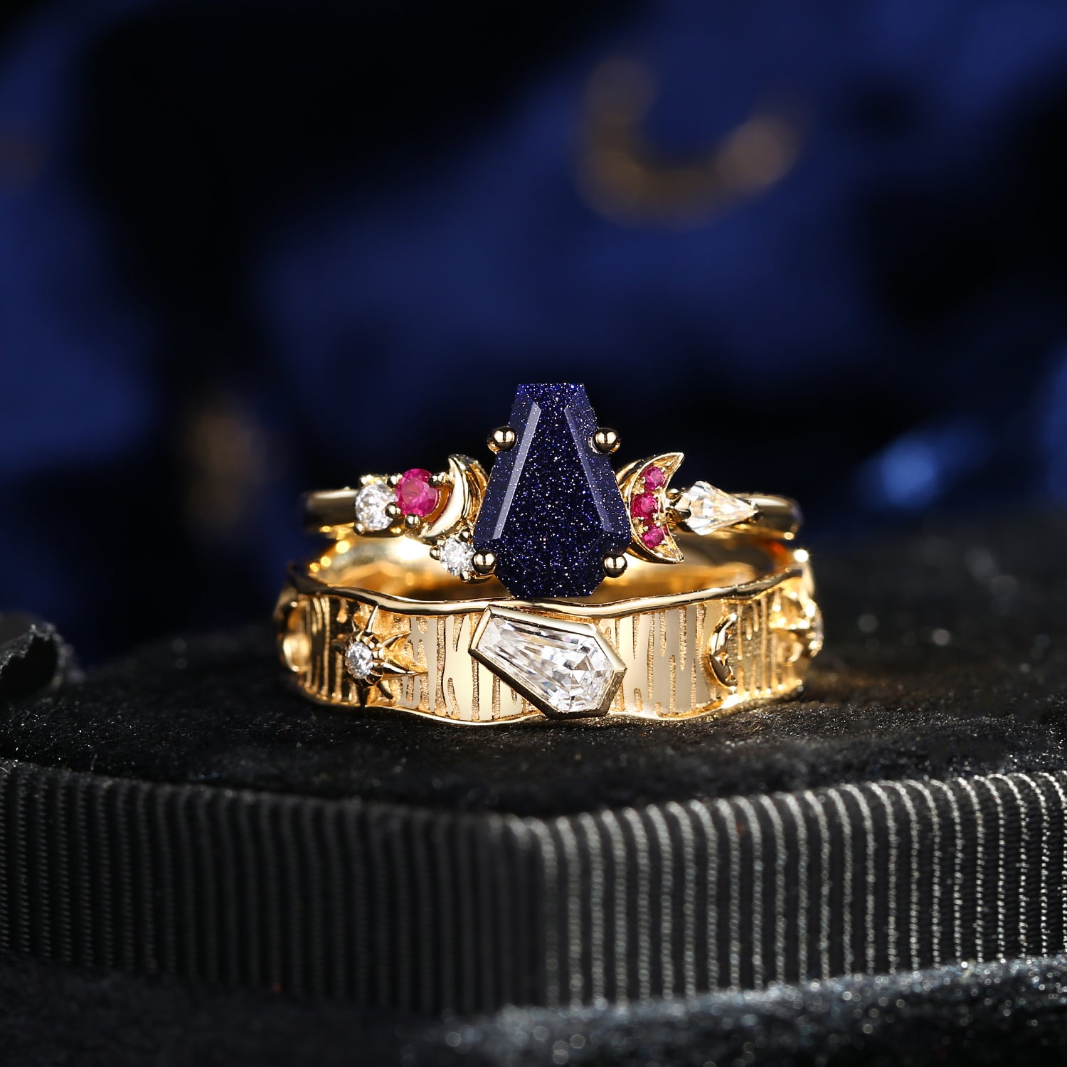 Art Deco Coffin ‘Blossom Moon' Couple Wedding Ring Set