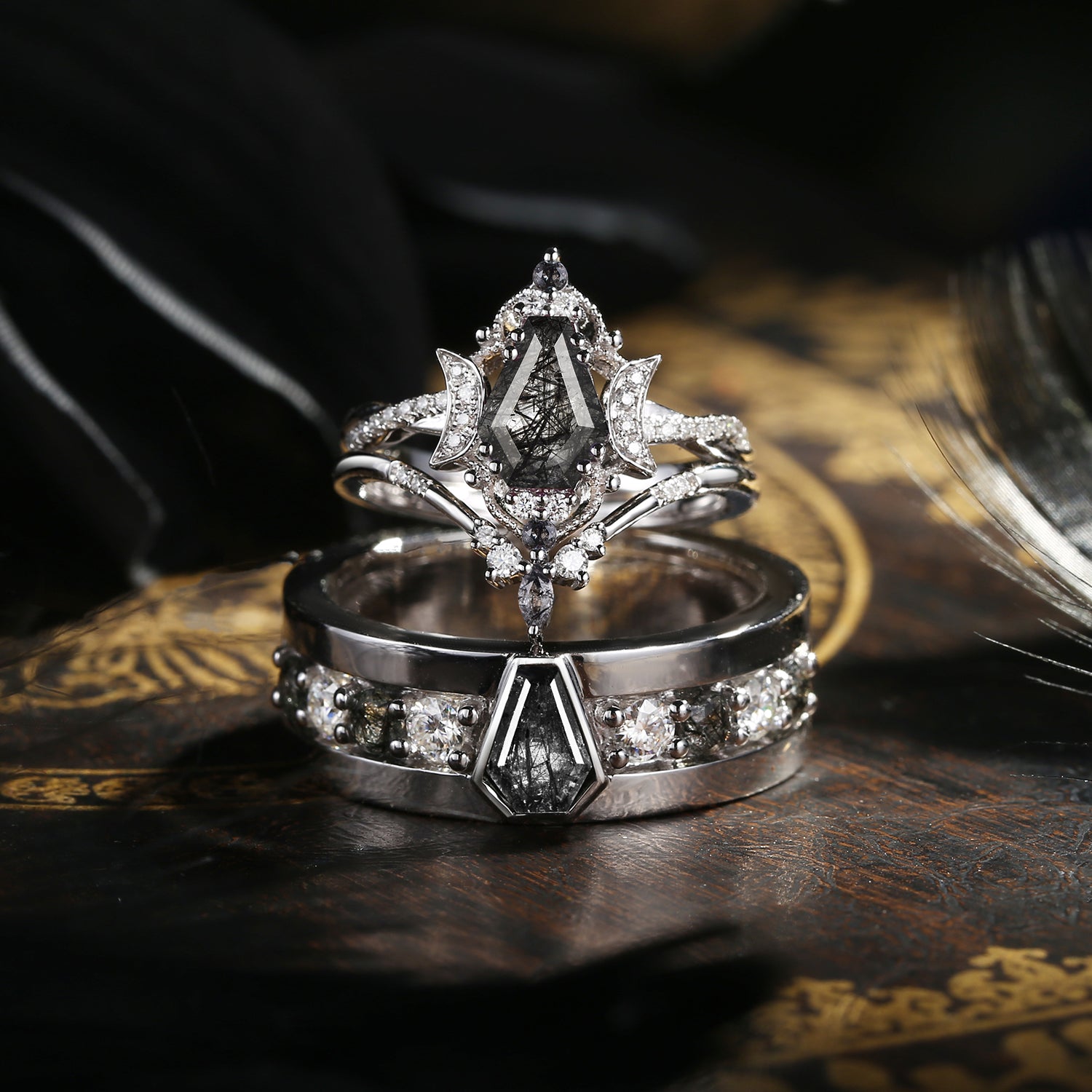 Vintage Inspired Infinity Coffin Couple Wedding Ring Set