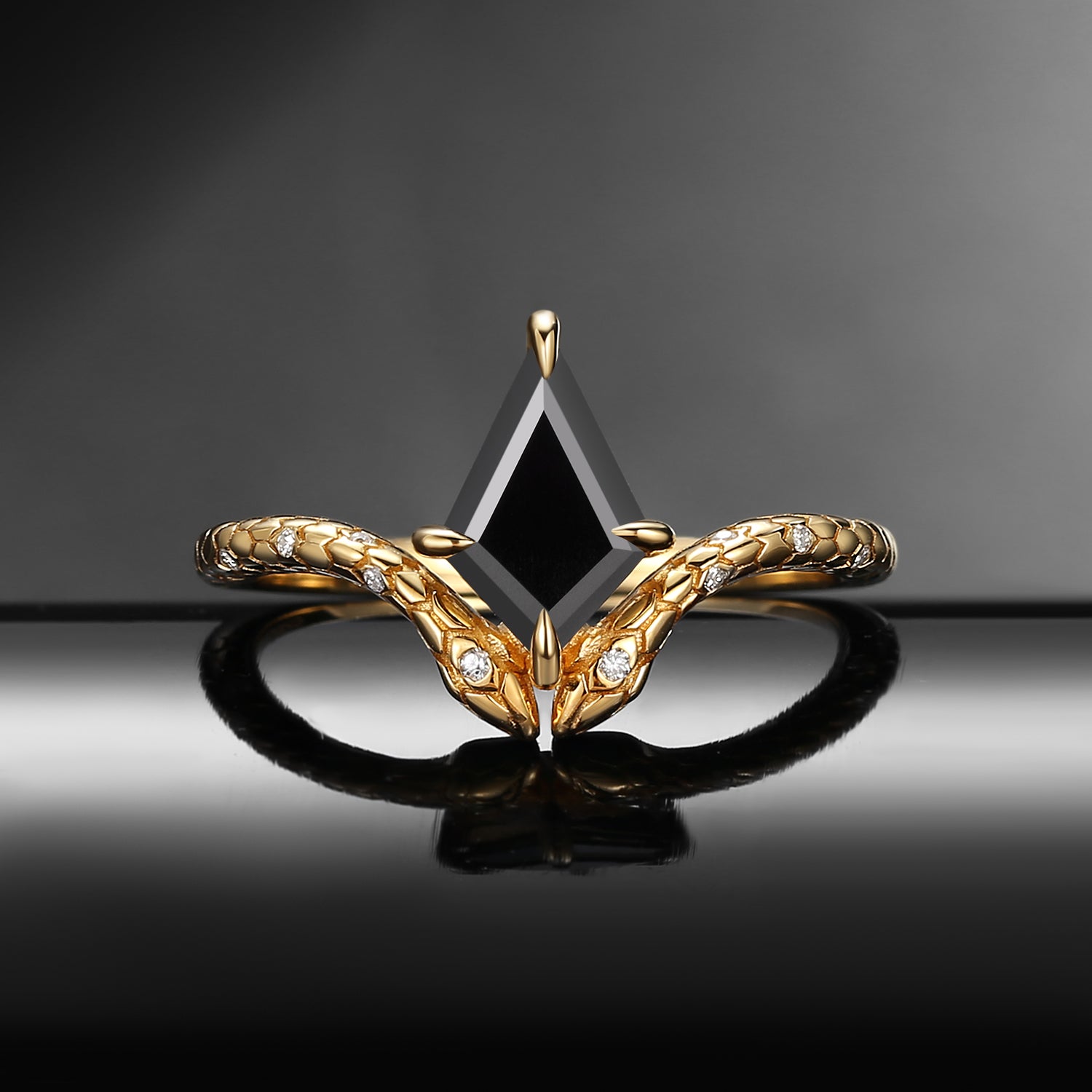'Serpent's Embrace'- Snake Textured Kite Cut Black Moissanite Engagement Ring