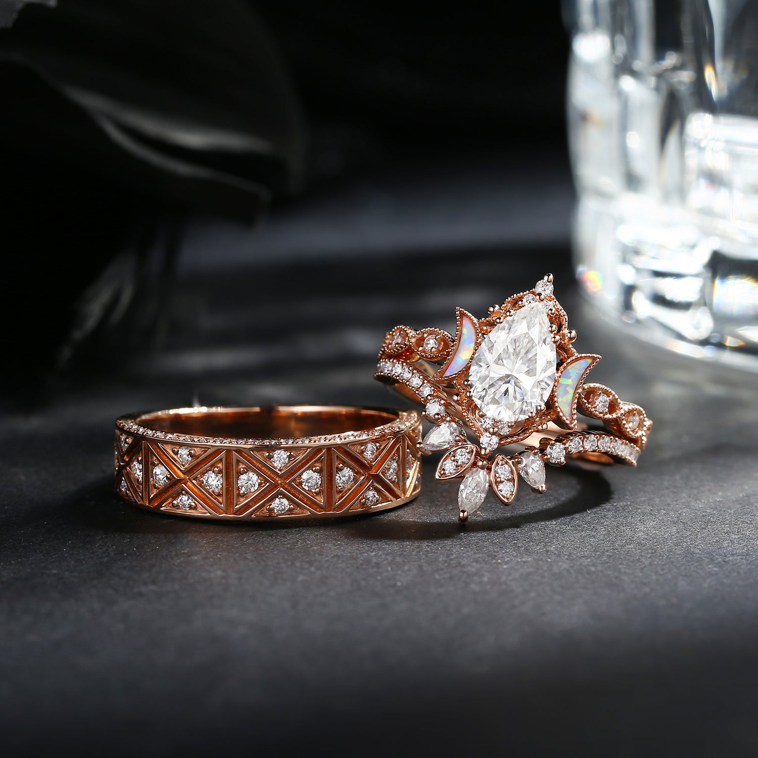 Crescent Moon 'Ultra Galaxy' Moissanite Couple Wedding Ring Set