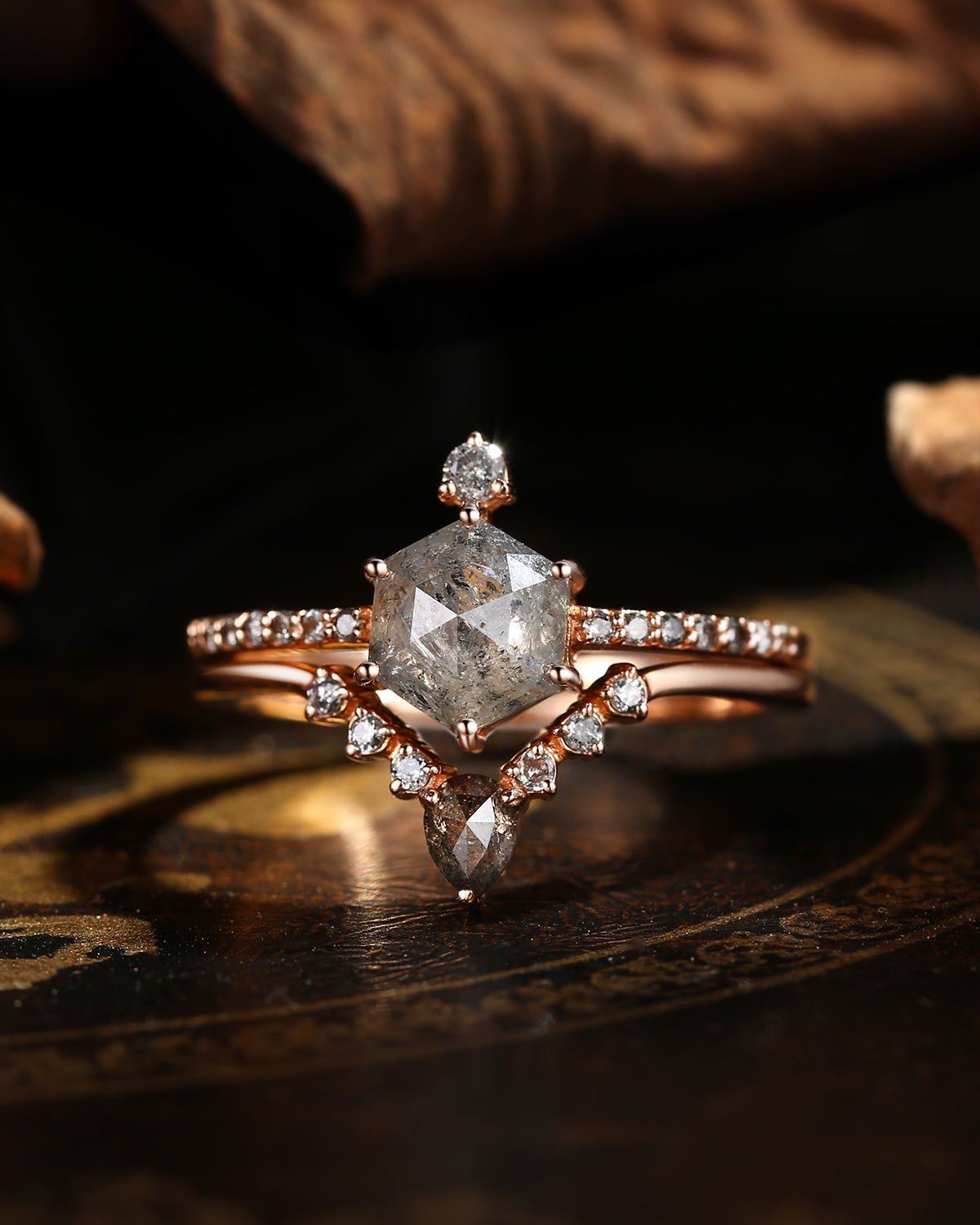 Art Deco Hexagon Cut Salt And Pepper Diamond Engagement Ring Set 2pcs