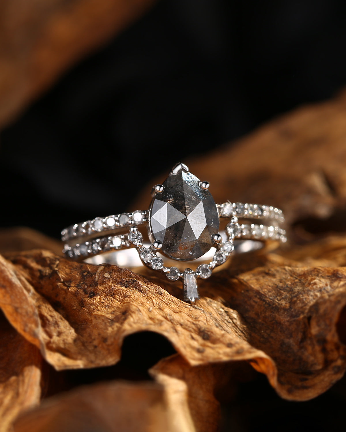 Non-Traditional Pear Cut Salt And Pepper Diamond Engagement Ring Set 2pcs