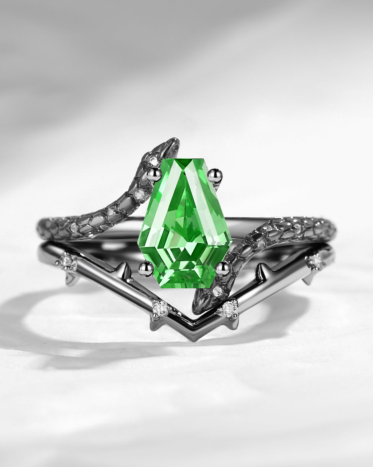 Gothic Style Coffin Lab Tsavorite Two-Toned Twist Snake Engagement Ring Set 2pcs - Serpent's Embrace