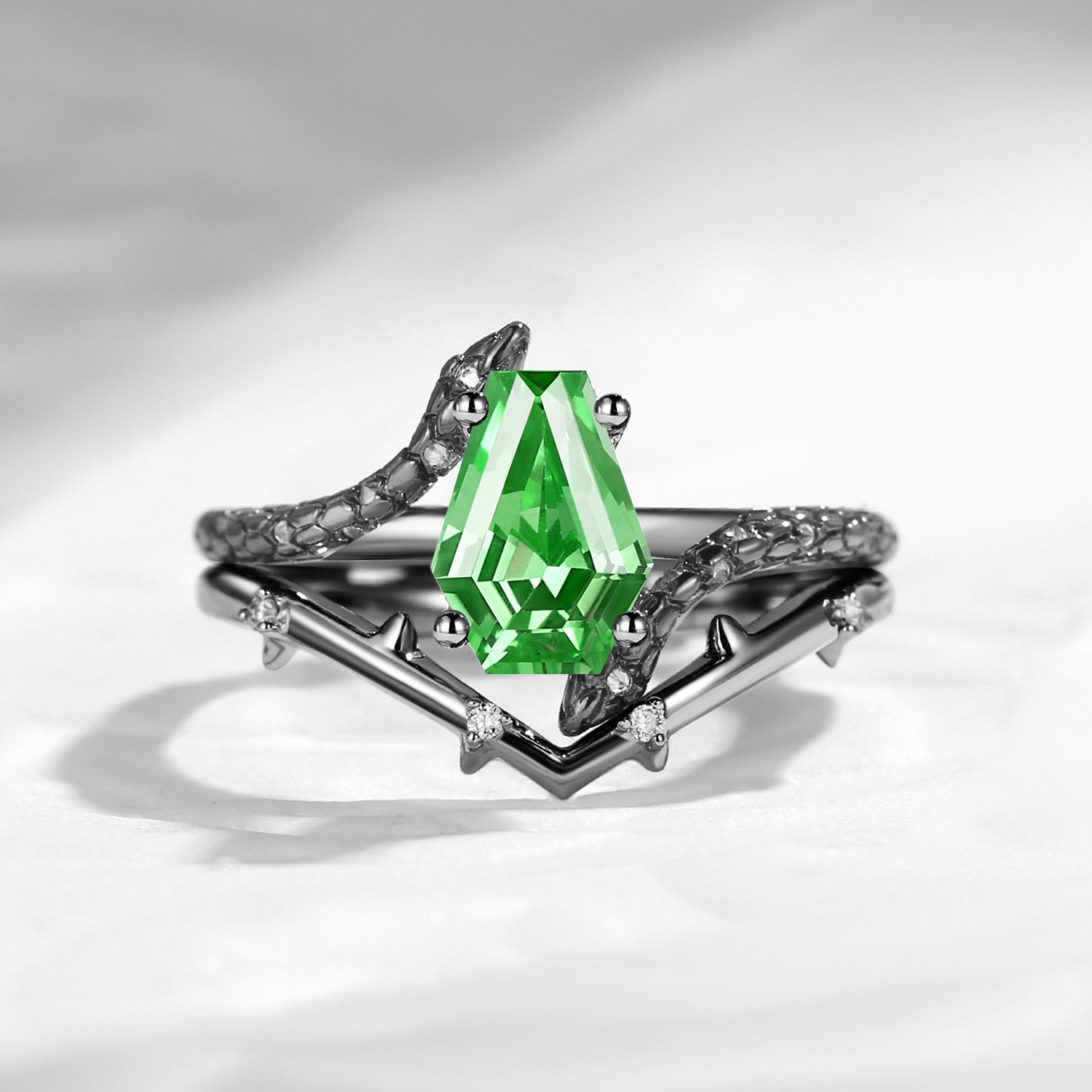 Gothic Style Coffin Lab Tsavorite Two-Toned Twist Snake Engagement Ring Set 2pcs - Serpent's Embrace