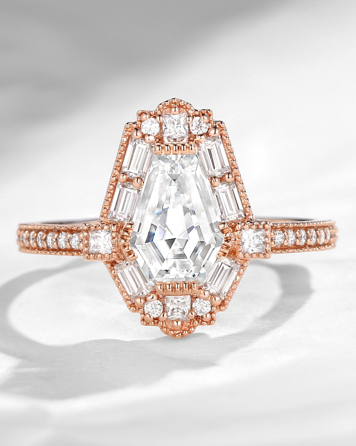 Vintage Inspired Coffin Shaped Moissanite Halo Engagement Ring
