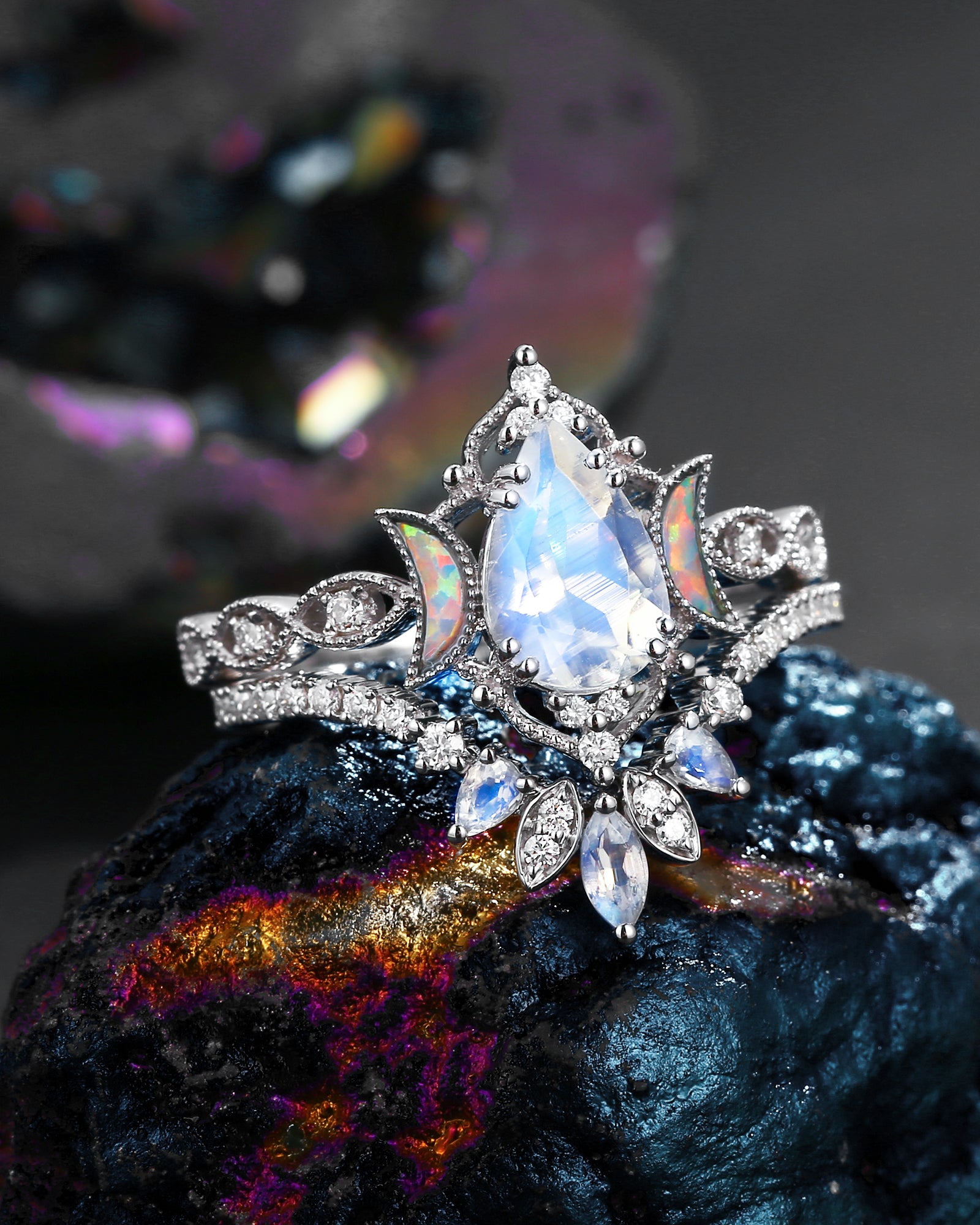 Crescent Moon | Pear Cut Moonstone 'Ultra Galaxy' Engagement Ring Set 2pcs