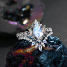 Crescent Moon | Pear Cut Moonstone 'Ultra Galaxy' Engagement Ring Set 2pcs