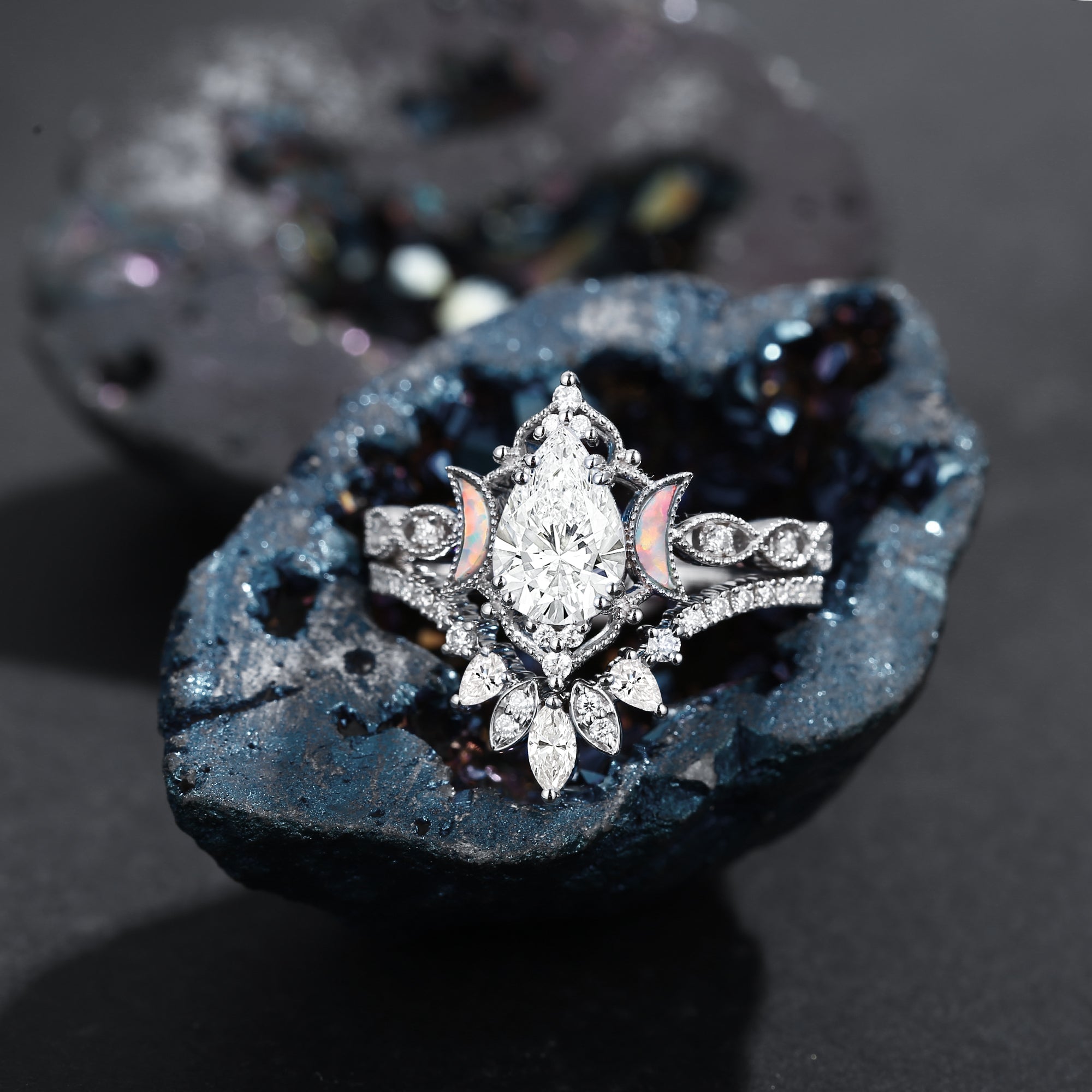 Crescent Moon | Pear Cut Lab Diamond 'Ultra Galaxy' Lab Opal Engagement Ring Set 2pcs