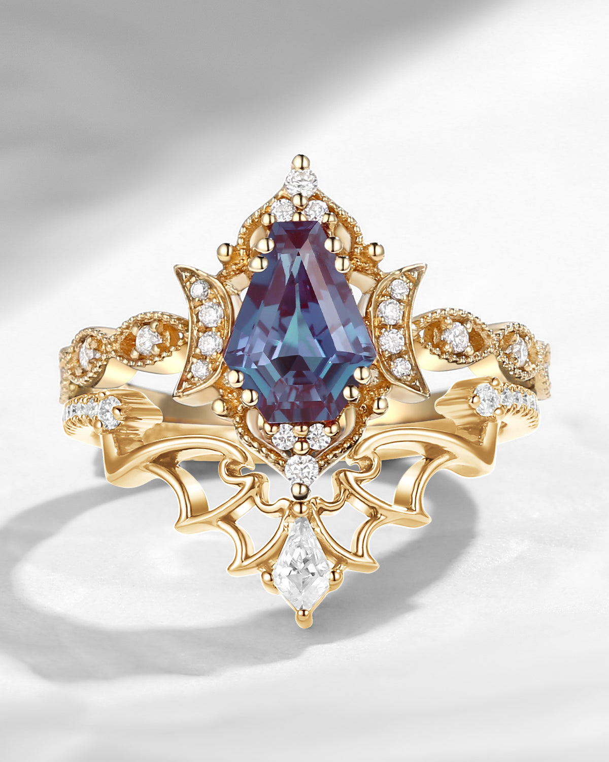 Crescent Moon | Vintage Inspired Coffin Shaped Lab Alexandrite Engagement Ring Set 2pcs