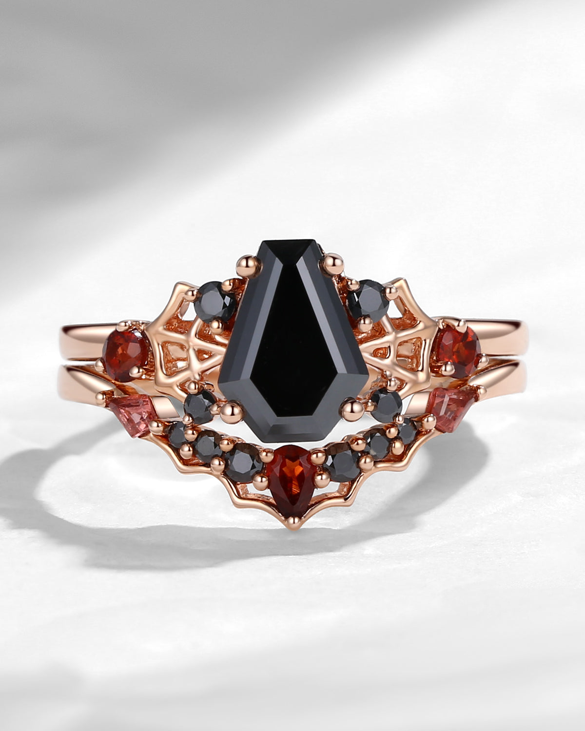 Unique Coffin Shaped Black Moissanite Spider Inspired Engagement Ring Set 2pcs