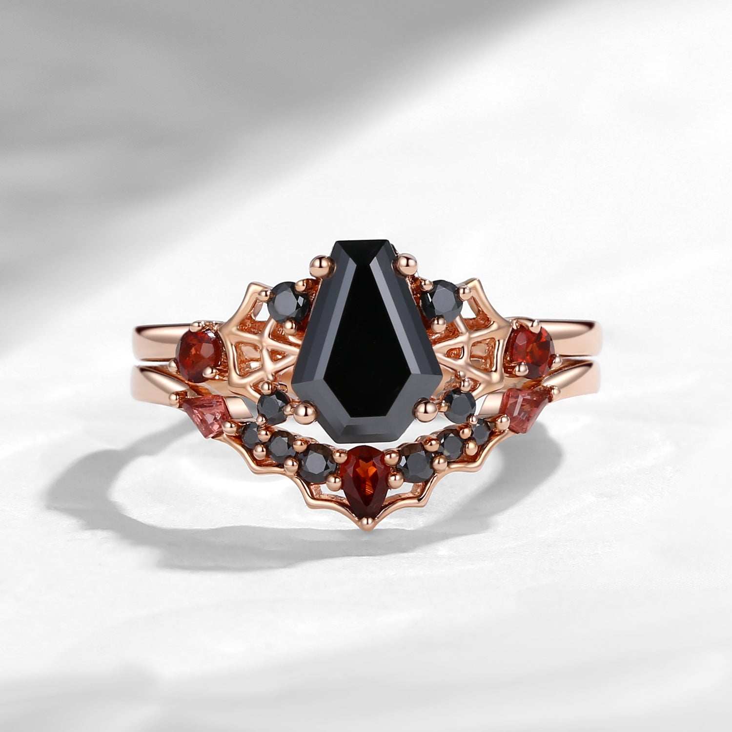 Unique Coffin Shaped Black Moissanite Spider Inspired Engagement Ring Set 2pcs