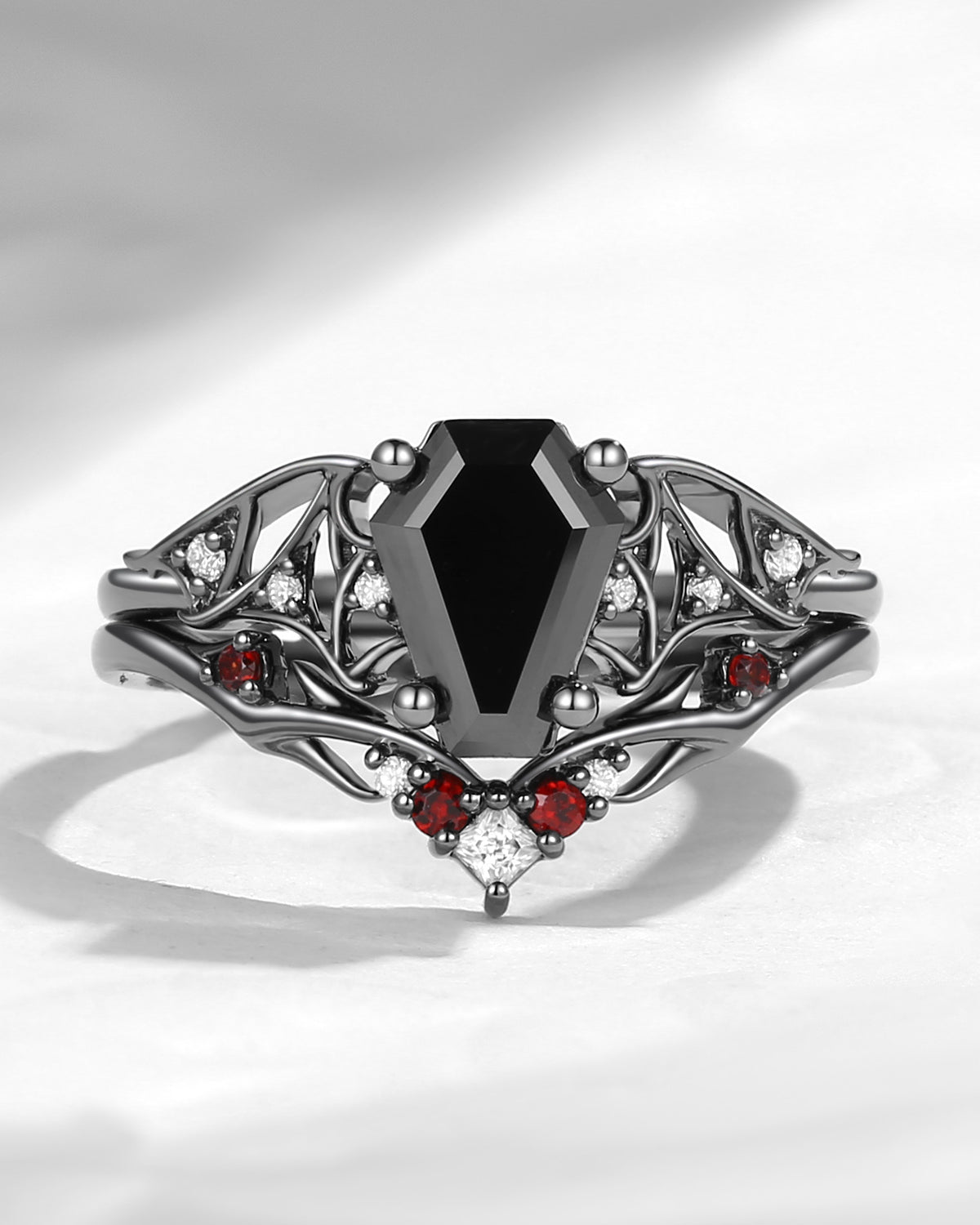 Unique Coffin Shaped Black Moissanite Spider Inspired Engagement Ring Set 2pcs