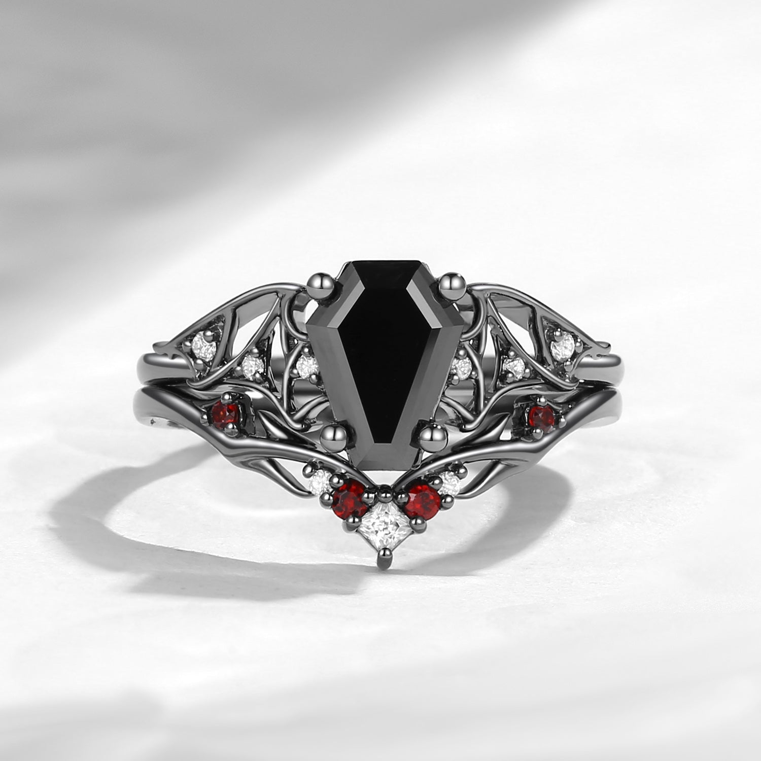 Unique Coffin Shaped Black Moissanite Spider Inspired Engagement Ring Set 2pcs
