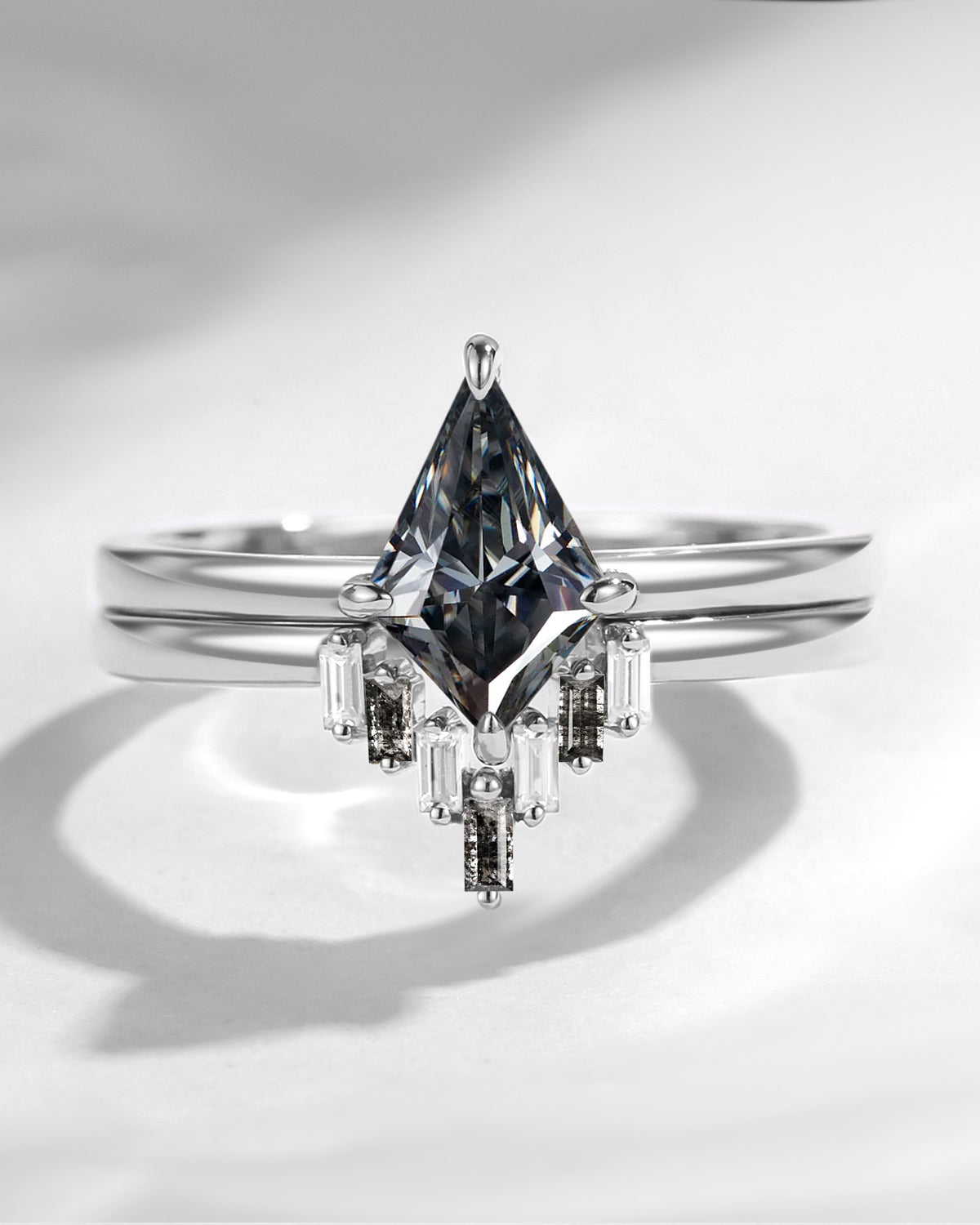 Classic Kite Cut Grey Moissanite & Salt And Pepper Diamond Engagement Ring 2pcs