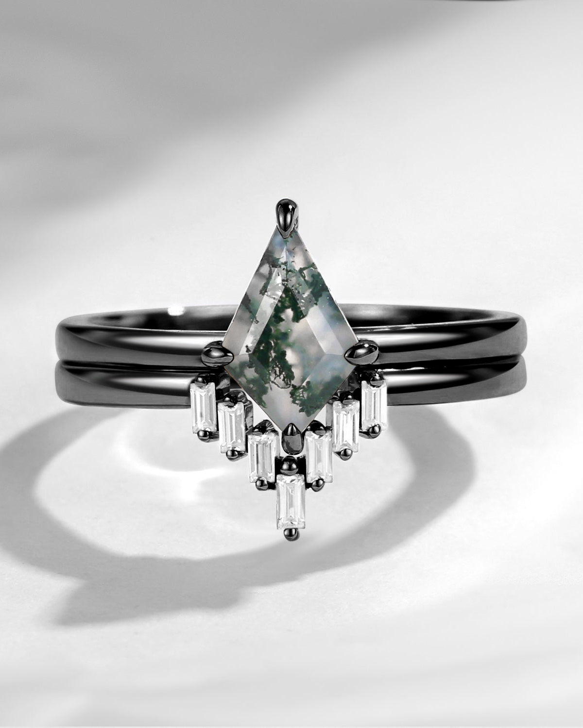 Classic Kite Cut Moss Agate Black Gold Engagement Ring 2pcs