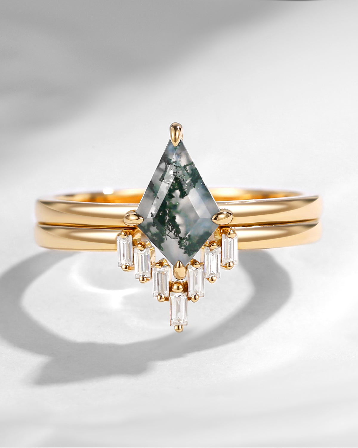 Classic Kite Cut Moss Agate Engagement Ring 2pcs