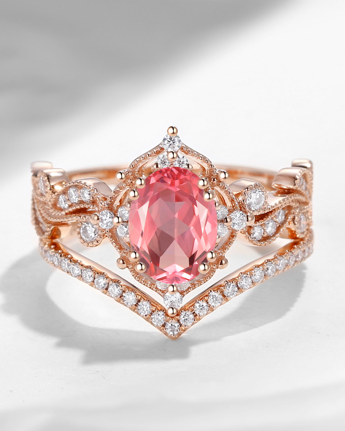 Oval Cut Flower Lab Padparadscha Bridal Set 2pcs