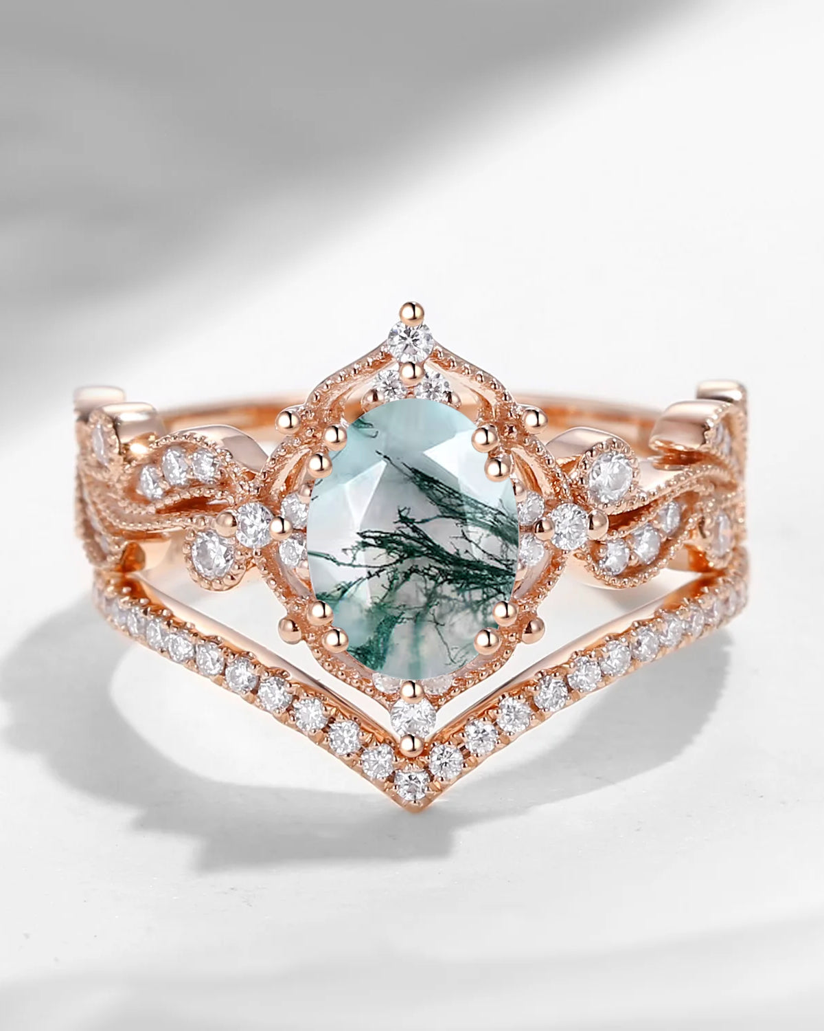 Oval Cut Flower Moss Agate Bridal Set 2pcs