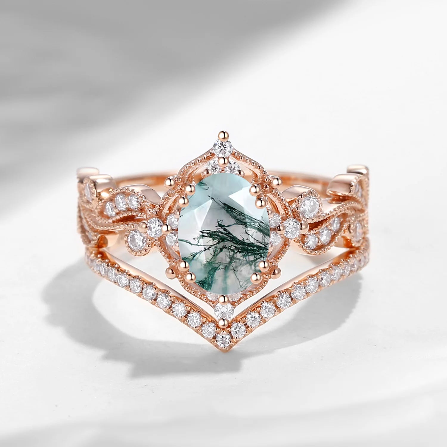 Oval Cut Flower Moss Agate Bridal Set 2pcs