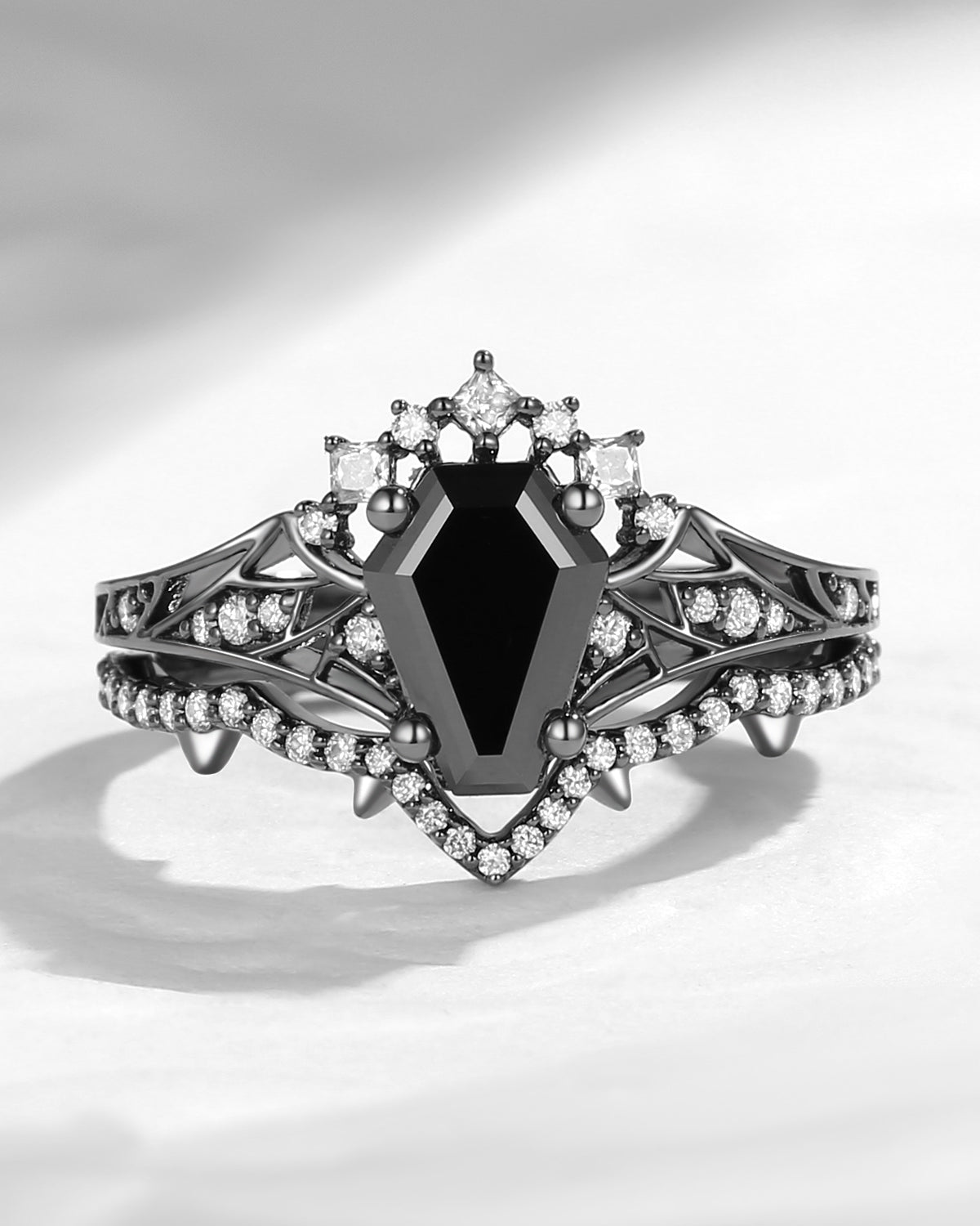 Coffin Cut Black Moissanite Bat Wing Inspired Ring Black Gold Engagement Ring 2pcs