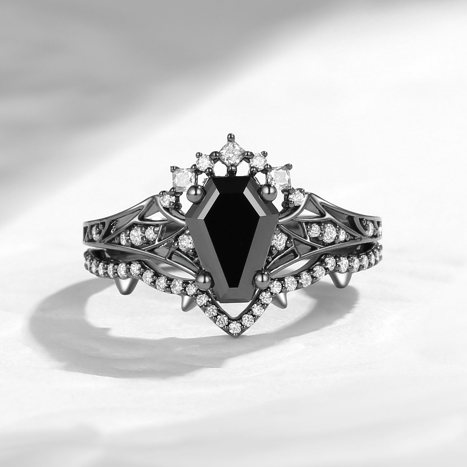 Coffin Cut Black Moissanite Bat Wing Inspired Ring Black Gold Engagement Ring 2pcs