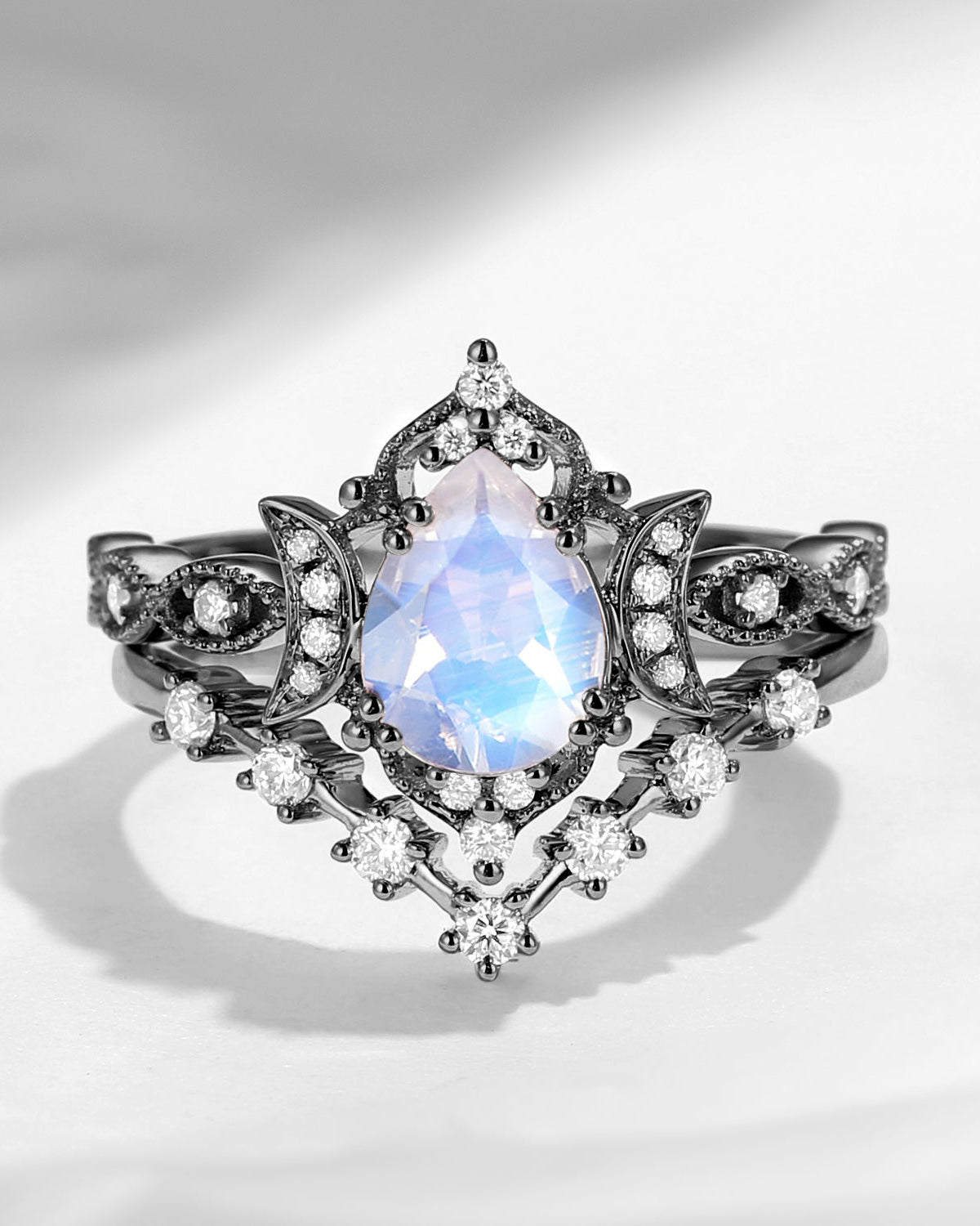 Crescent Moon | Pear Cut Moonstone & Moissanite Galaxy Black Gold Engagement Ring Set 2PCS 18K