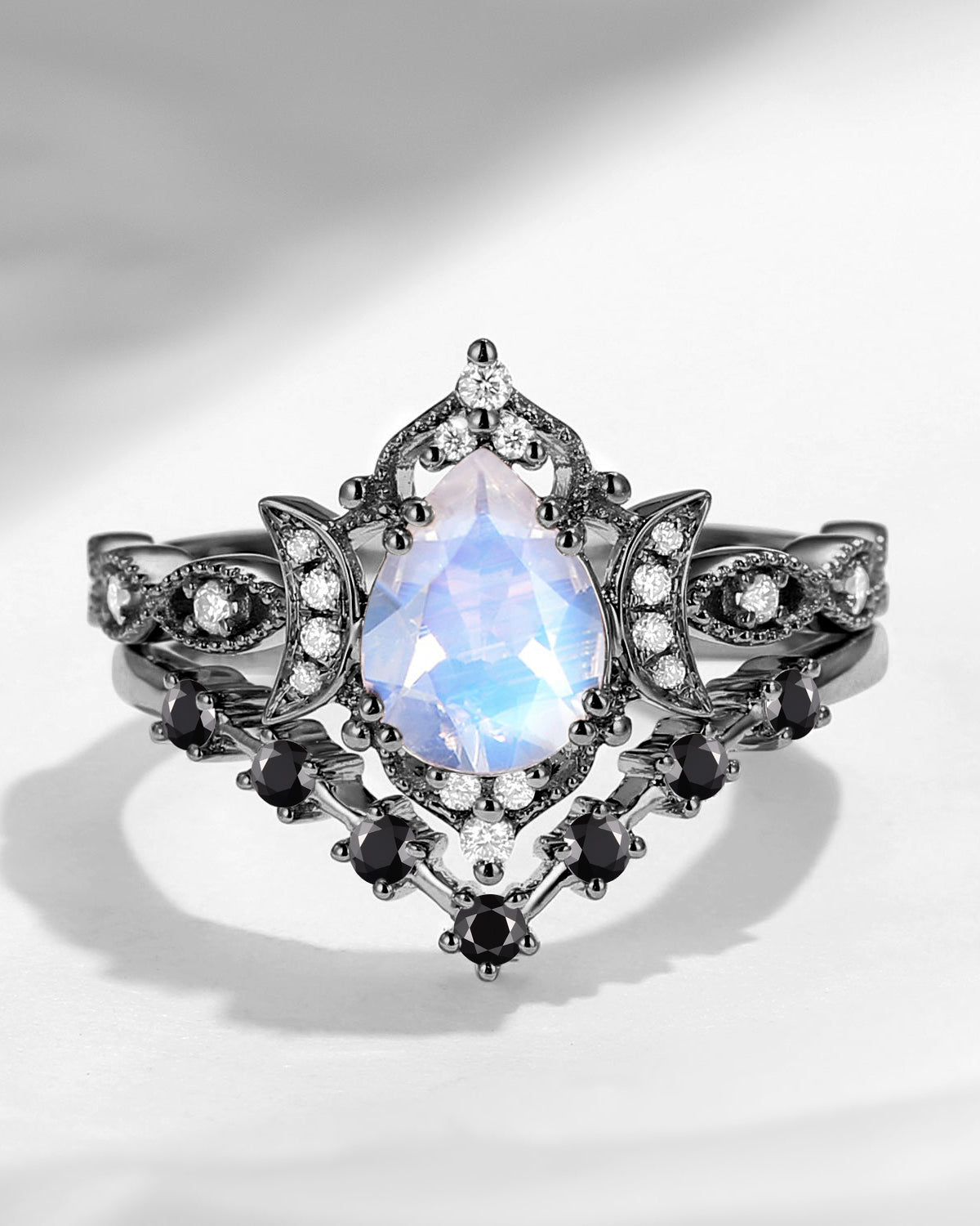 Crescent Moon | Pear Cut Moonstone & Black Moissanite Galaxy Black Gold Engagement Ring Set 2pcs