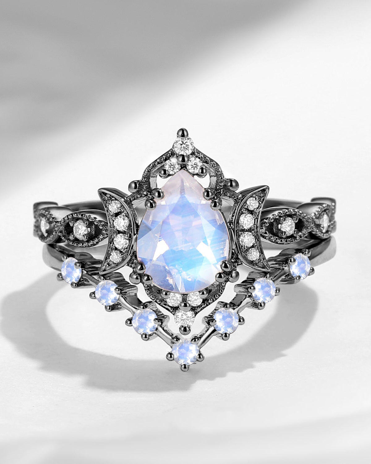 Crescent Moon | Pear Cut Moonstone Unique Galaxy Black Gold Engagement Ring Set 2pcs