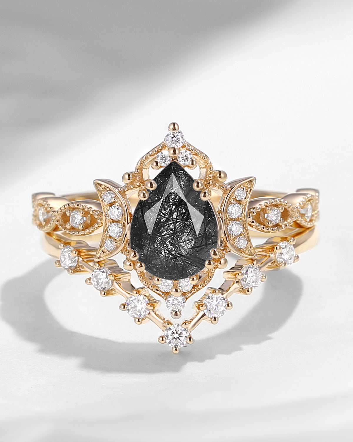 Crescent Moon | Pear Cut Black Rutilated Quartz Galaxy Engagement Ring Set 2PCS