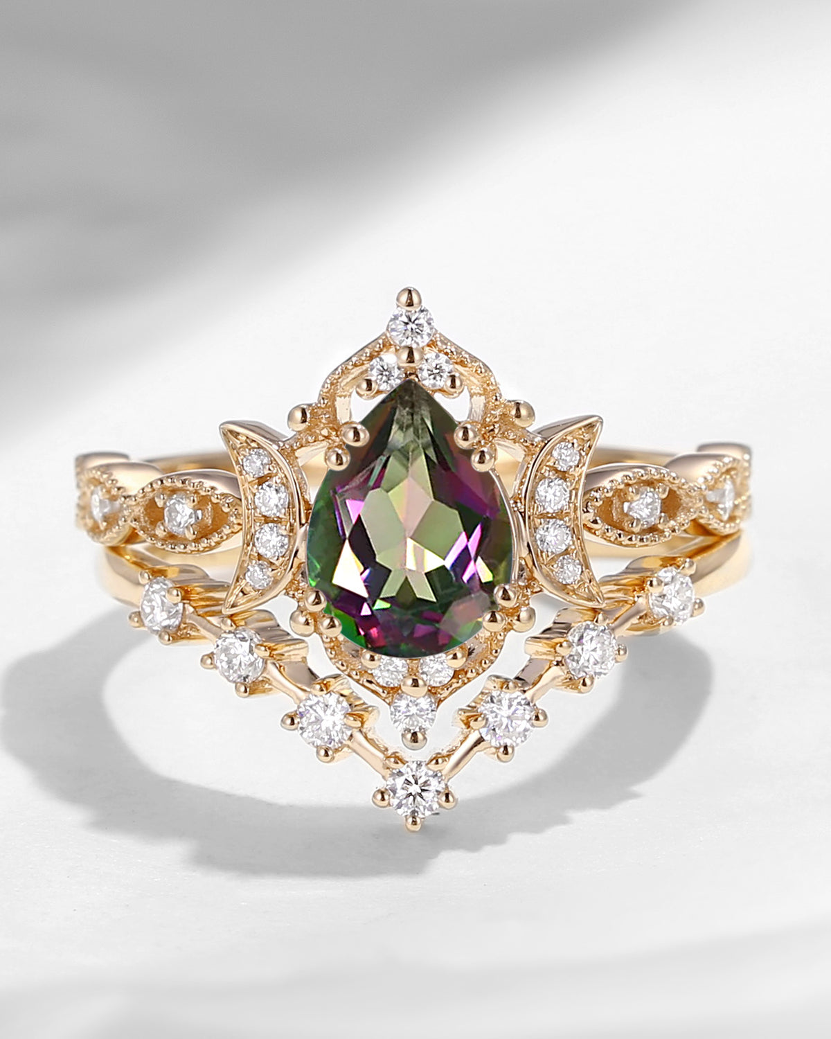 Crescent Moon | Pear Cut Mystic Topaz Galaxy Engagement Ring Set 2PCS