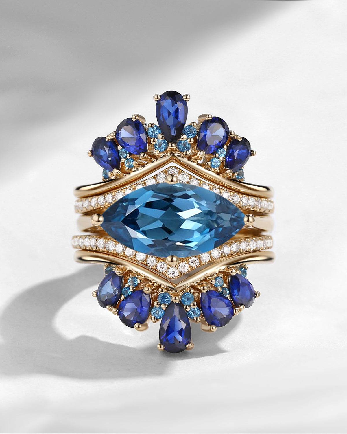 Maximalist Vintage Marquise Blue Topaz 'Royal Extravaganza' Ring Set 5pcs