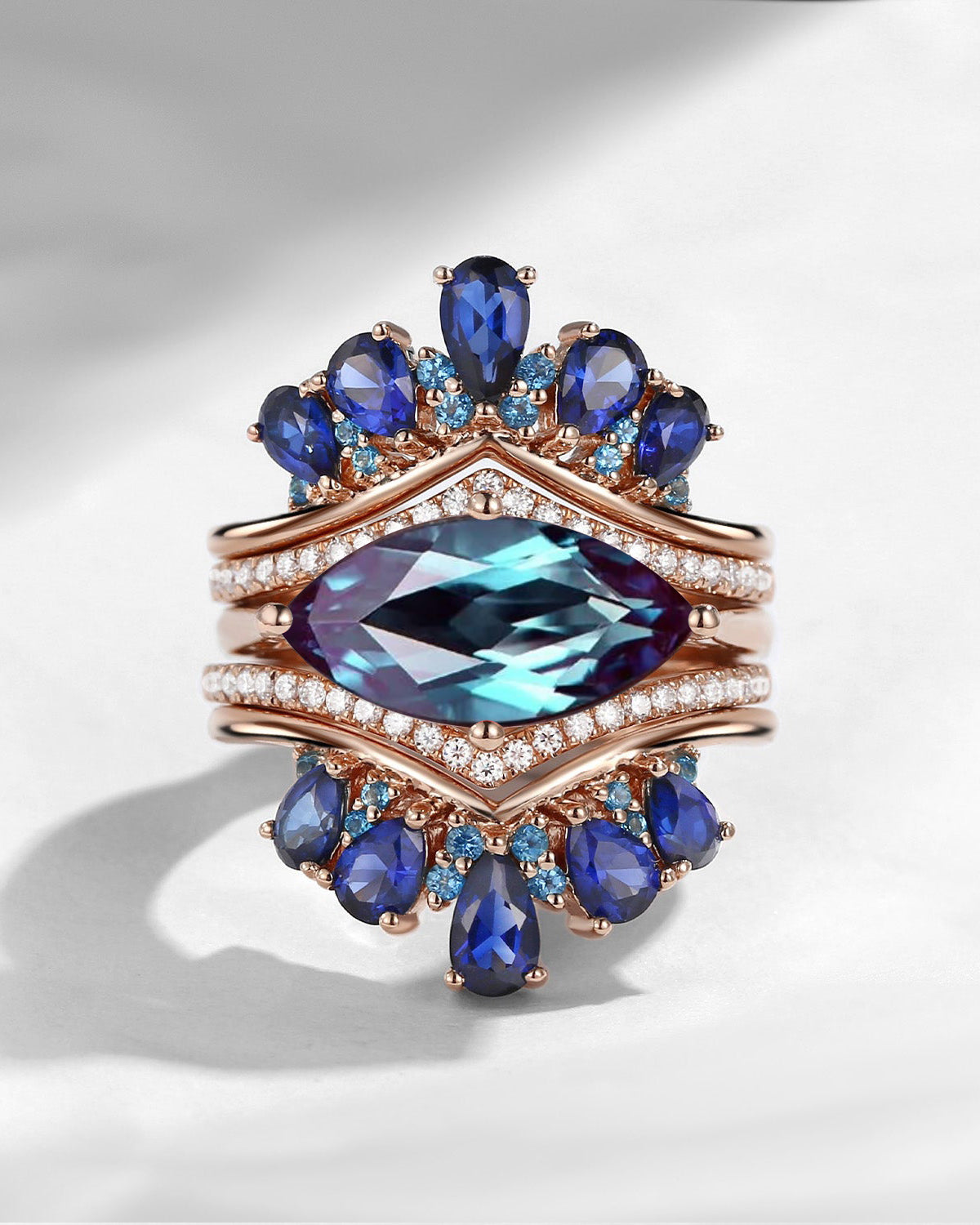 Maximalist Vintage Marquise Lab Alexandrite 'Royal Extravaganza' Ring Set 5pcs