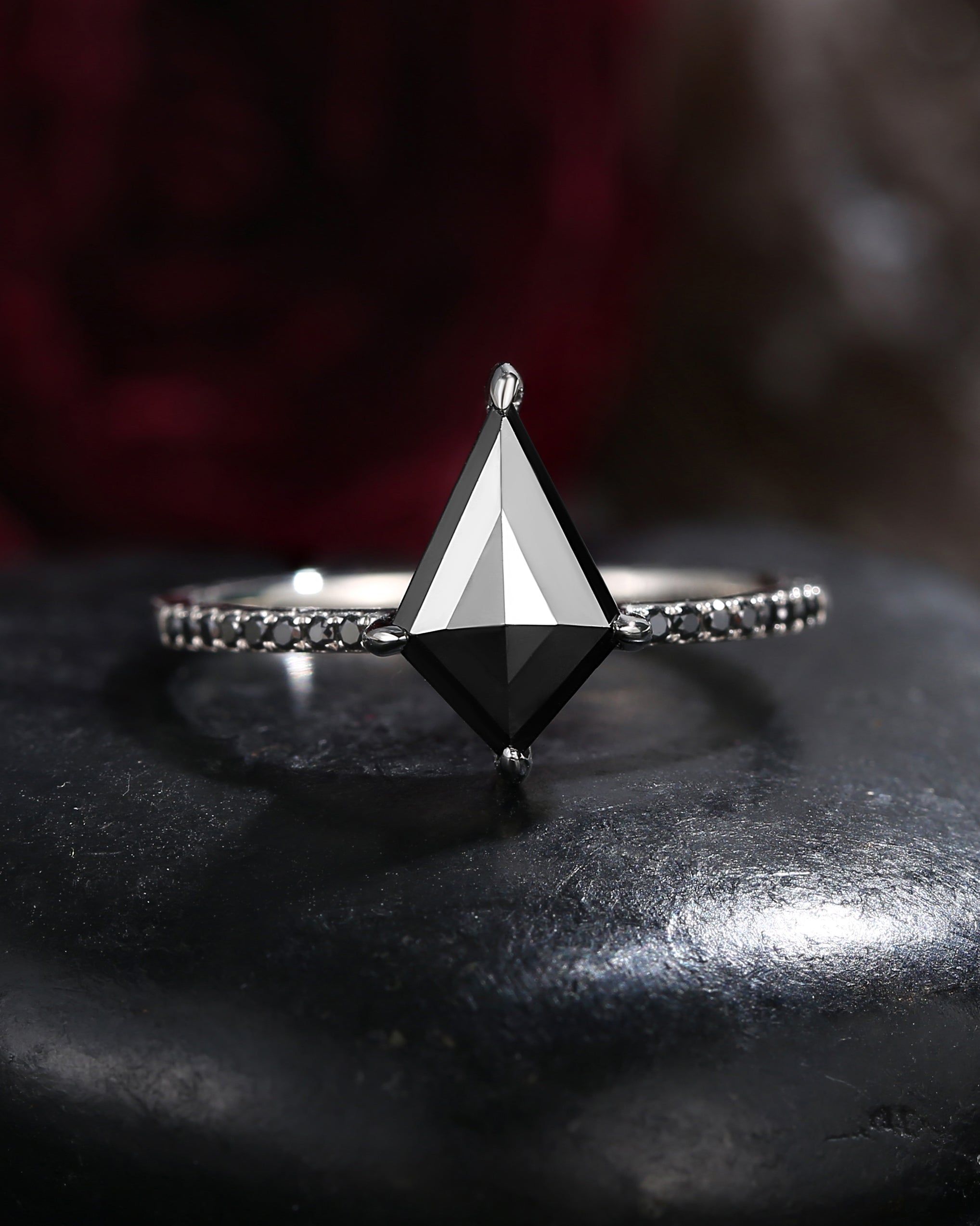 Unique Kite Shaped Black Diamond Hidden Halo Engagement Ring