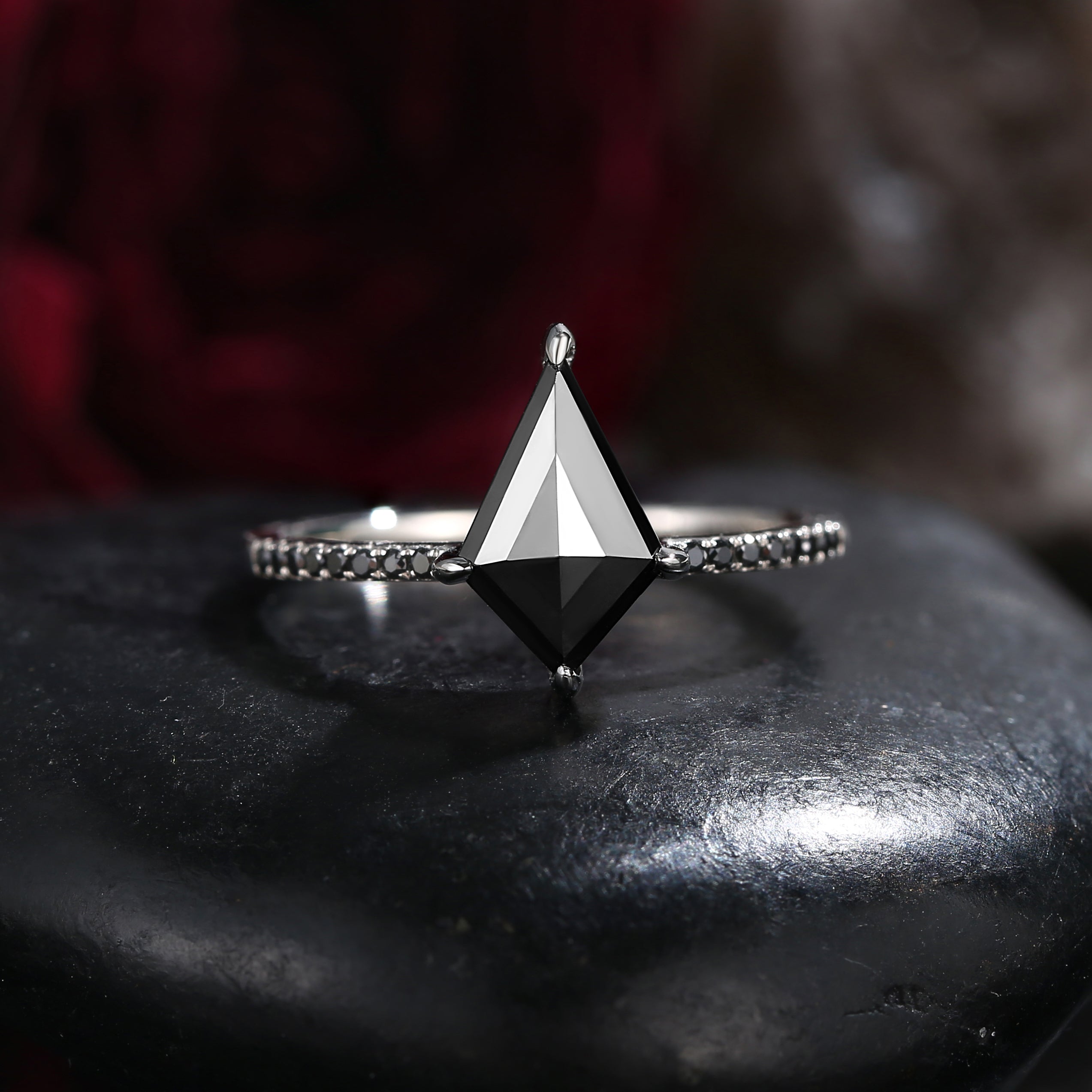 Unique Kite Shaped Black Diamond Hidden Halo Engagement Ring