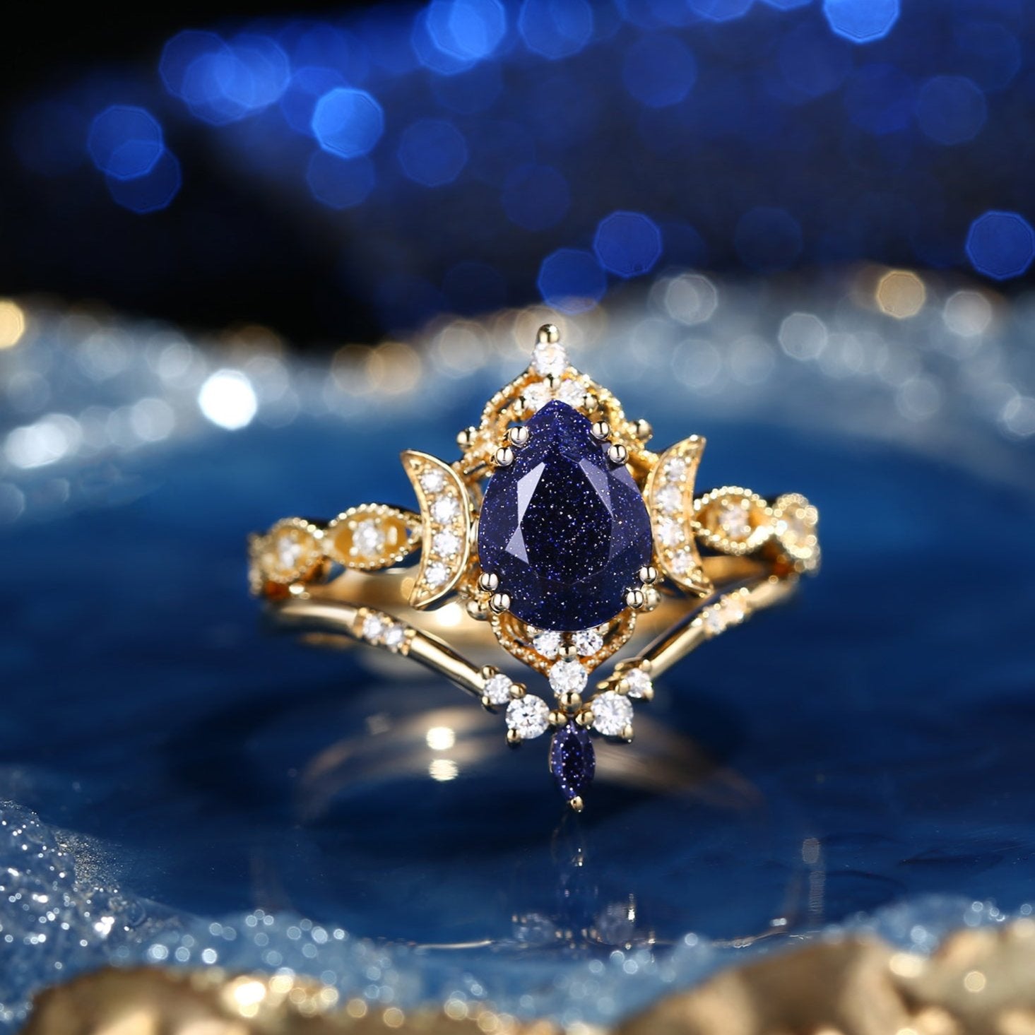 Crescent Moon | 18K Pear Shaped Blue Sandstone Engagement Ring Set 2pcs - Luna