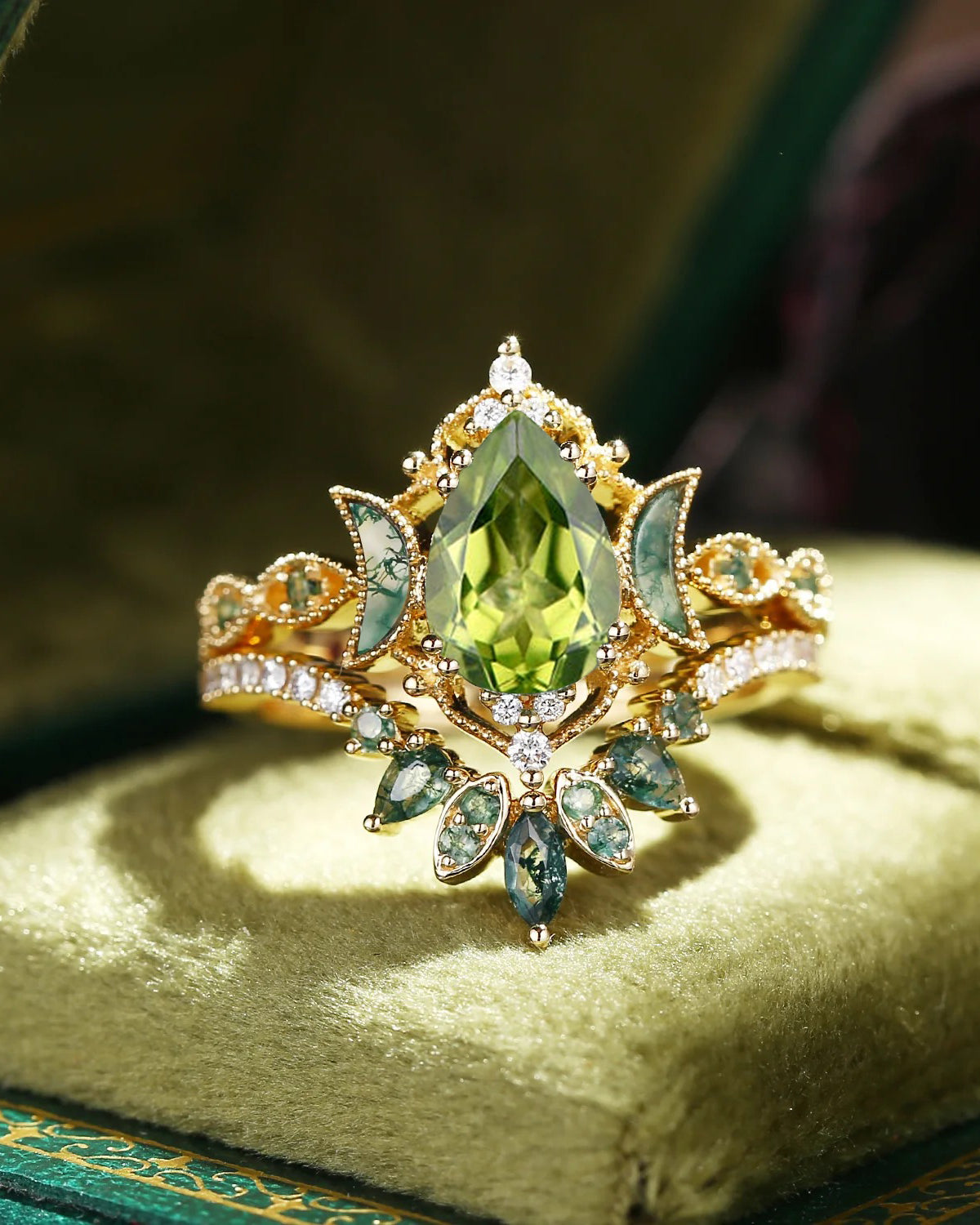 Crescent Moon | Pear Cut Peridot 'Ultra Galaxy' Engagement Ring Set 2pcs