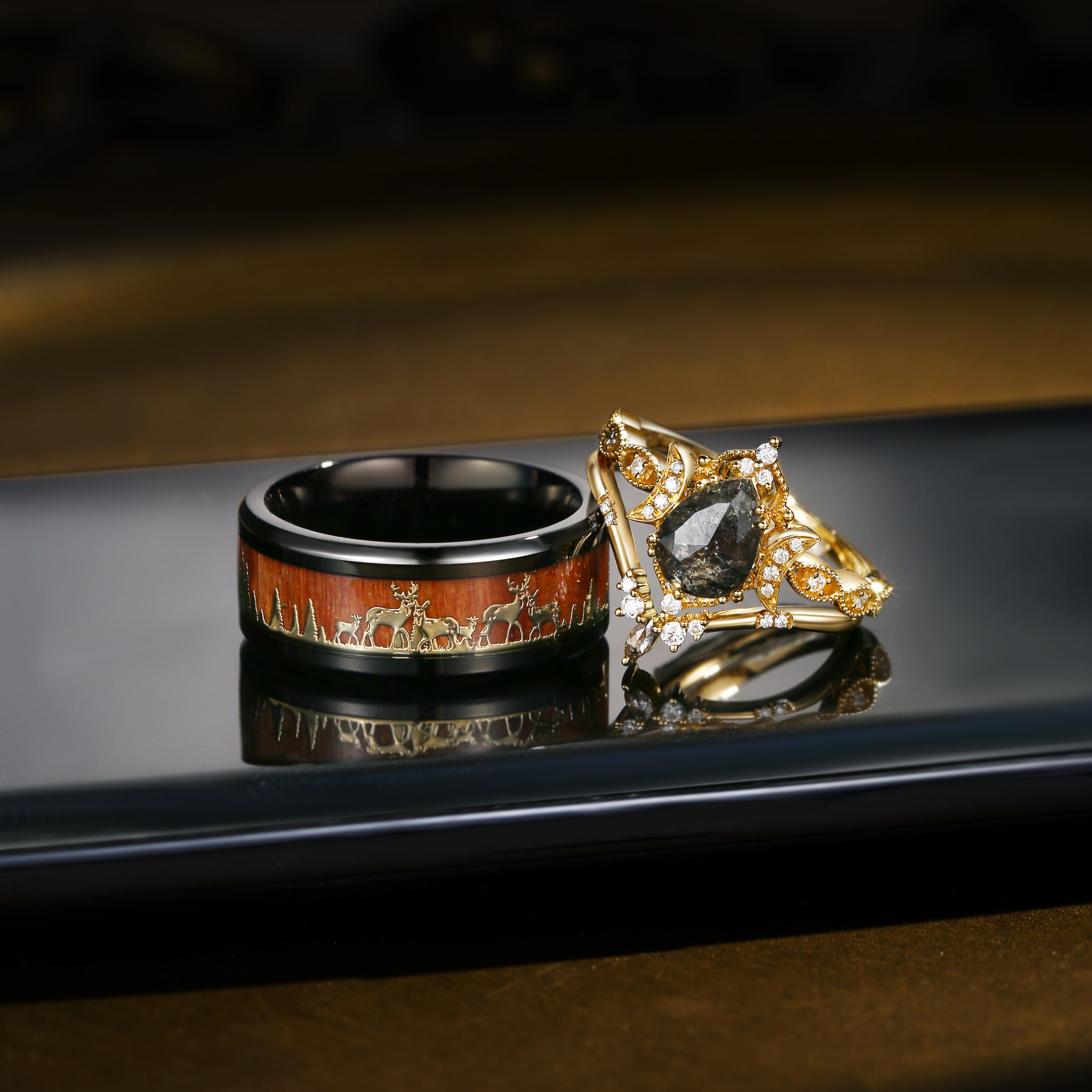 Crescent Moon | Pear Cut Salt And Pepper Diamond Nature Inspired Wooden Couple Bridal Ring Set