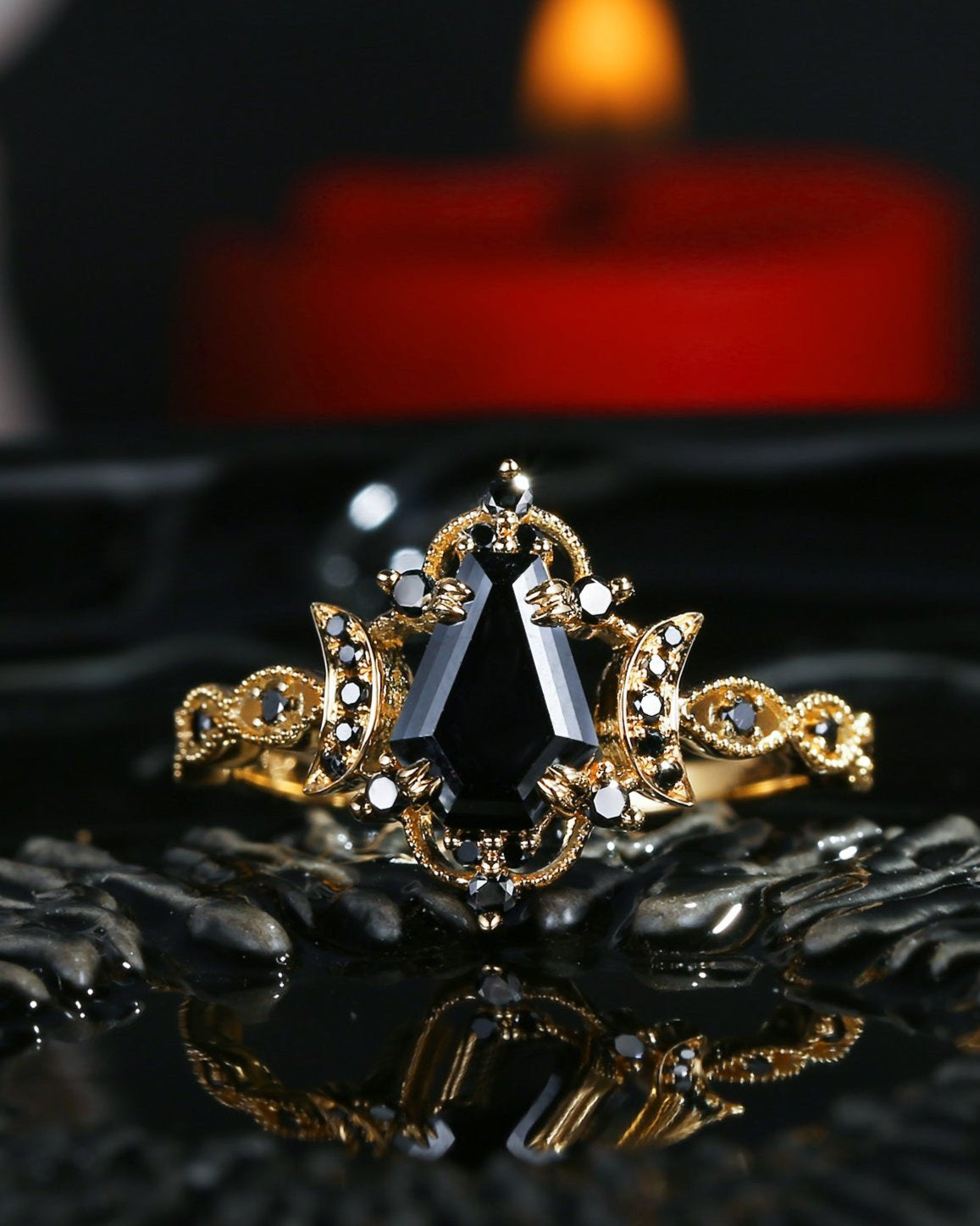 Crescent Moon | Coffin Cut Black Moissanite Engagement Ring - Dark Crown