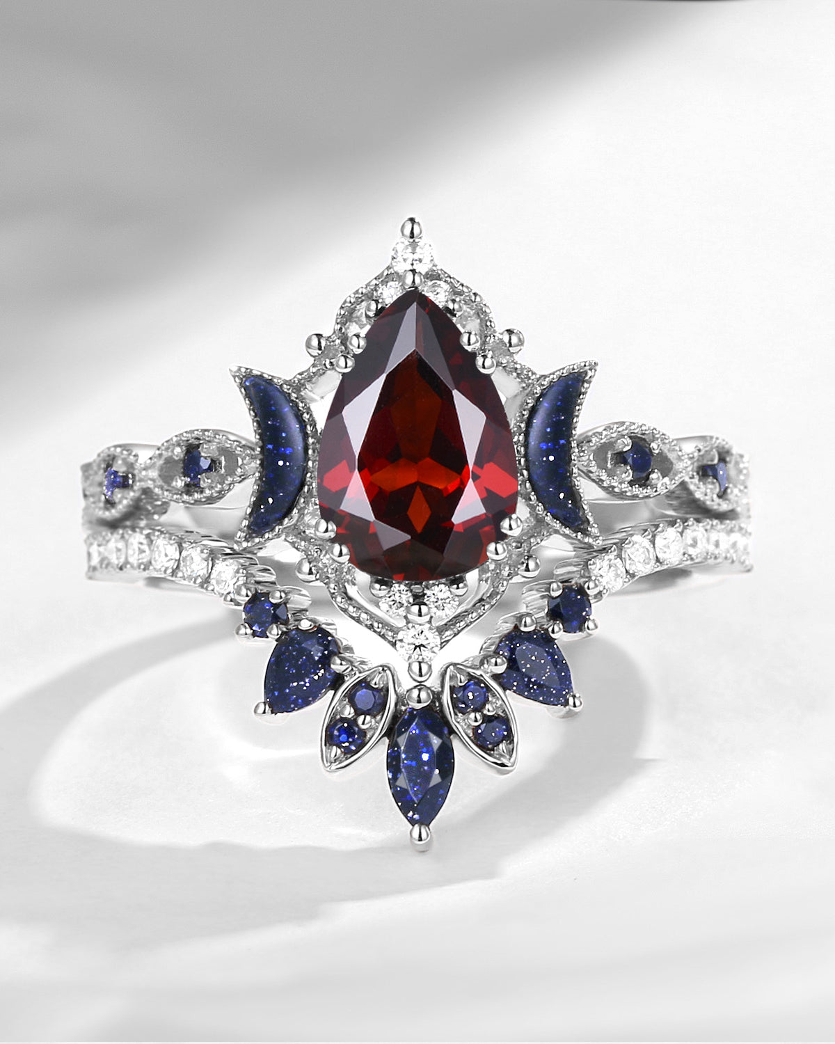 Crescent Moon | Pear Cut Garnet 'Ultra Galaxy' Engagement Ring Set 2pcs