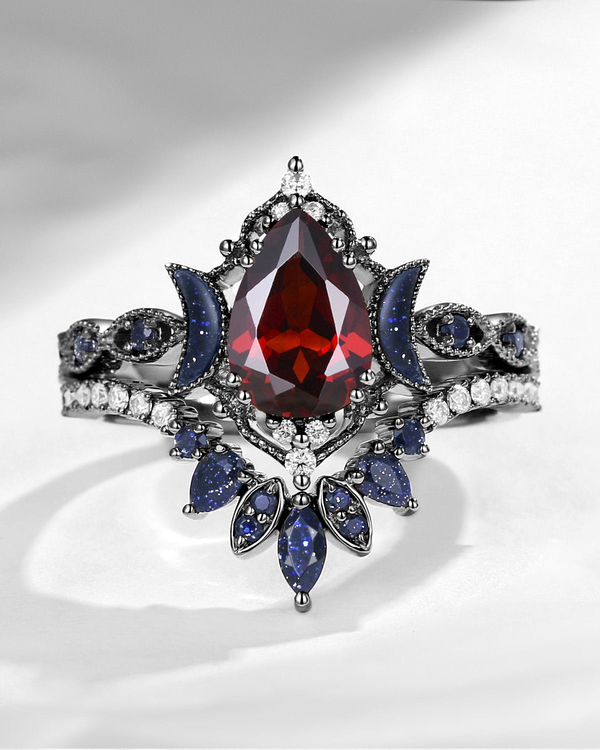 Crescent Moon | Pear Cut Garnet 'Ultra Galaxy' Black Gold Engagement Ring Set 2pcs
