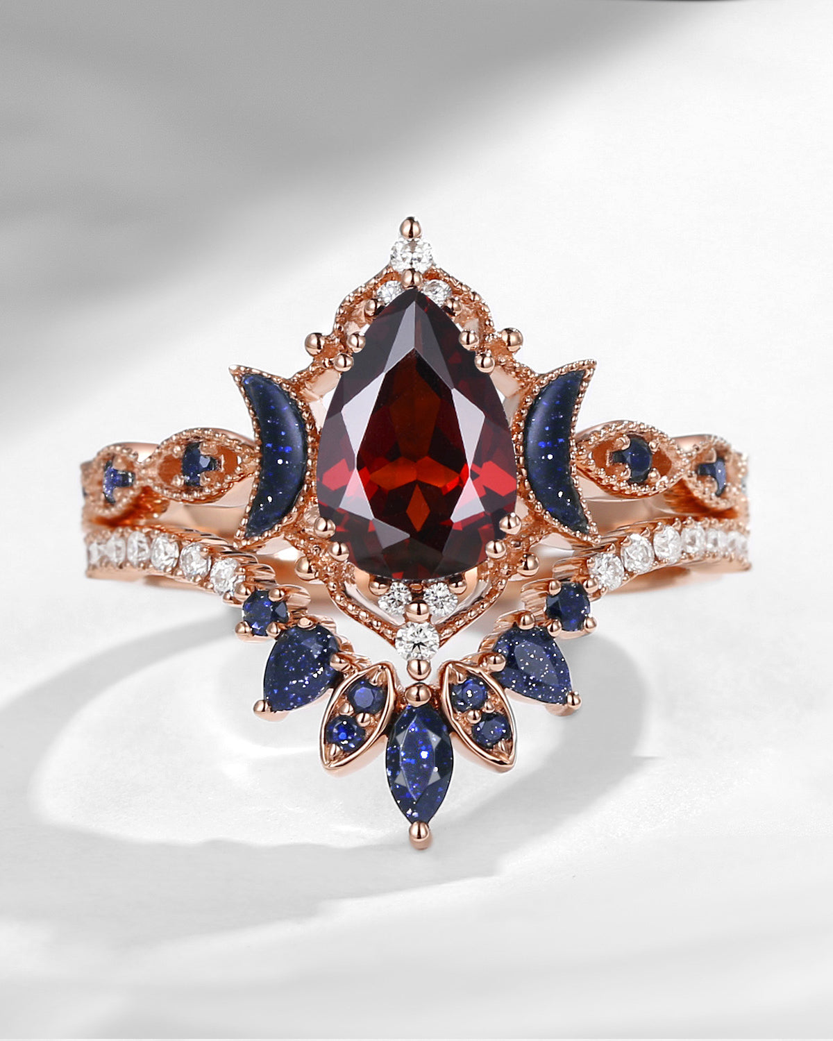 Crescent Moon | Pear Cut Garnet 'Ultra Galaxy' Engagement Ring Set 2pcs