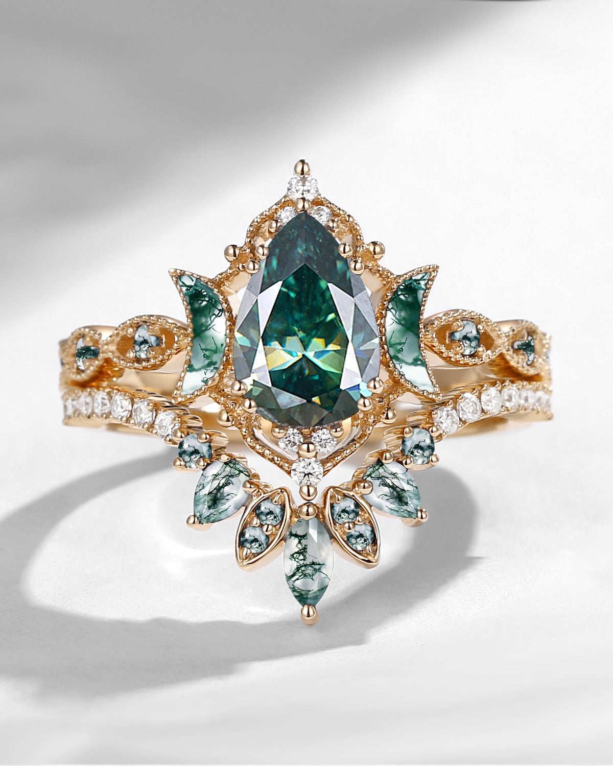 Crescent Moon | Pear Cut Teal Moissanite 'Ultra Galaxy' Engagement Ring Set 2pcs