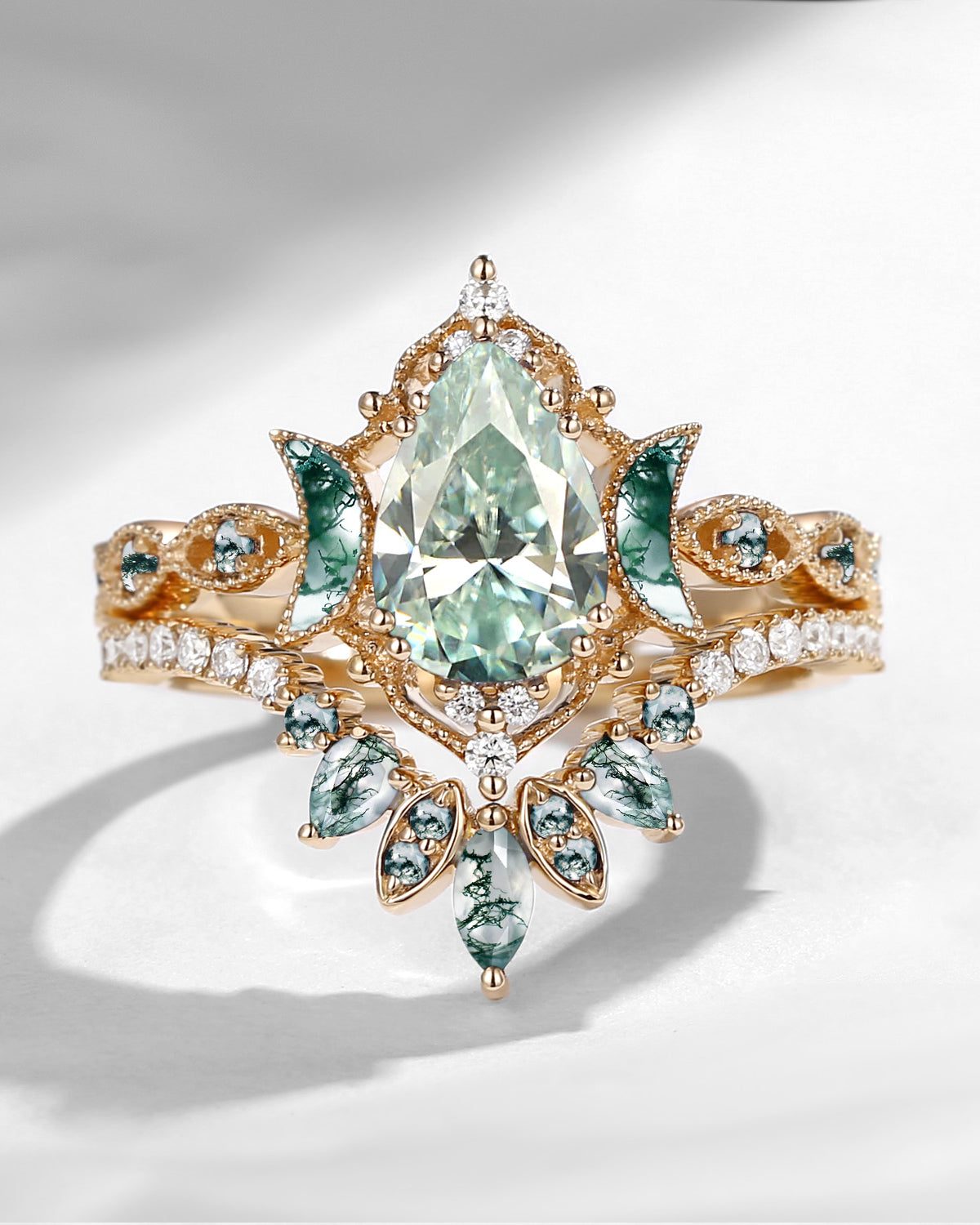 Crescent Moon | Pear Cut Mint Moissanite 'Ultra Galaxy' Engagement Ring Set 2pcs