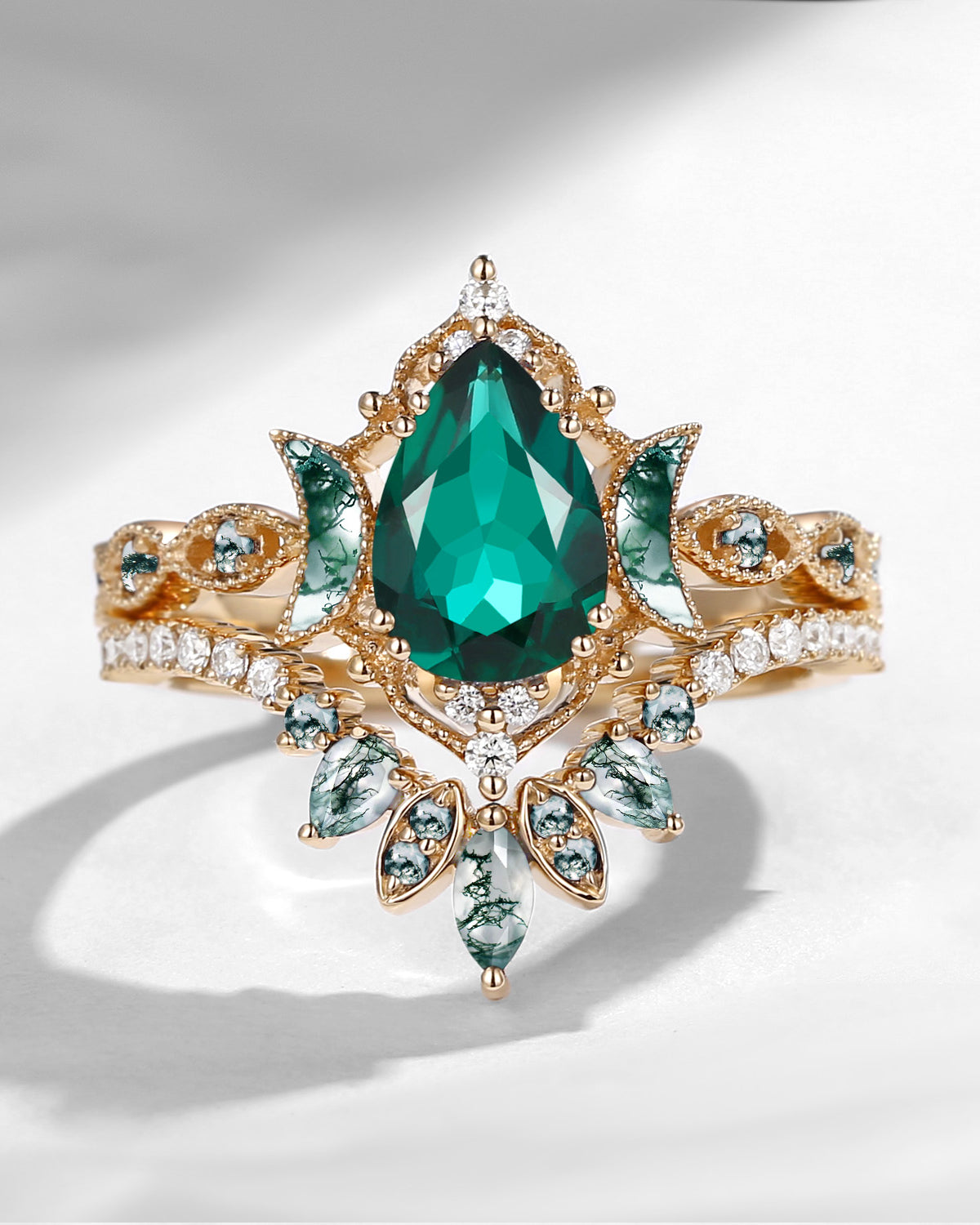 Crescent Moon | Pear Cut Lab Emerald 'Ultra Galaxy' Engagement Ring Set 2pcs