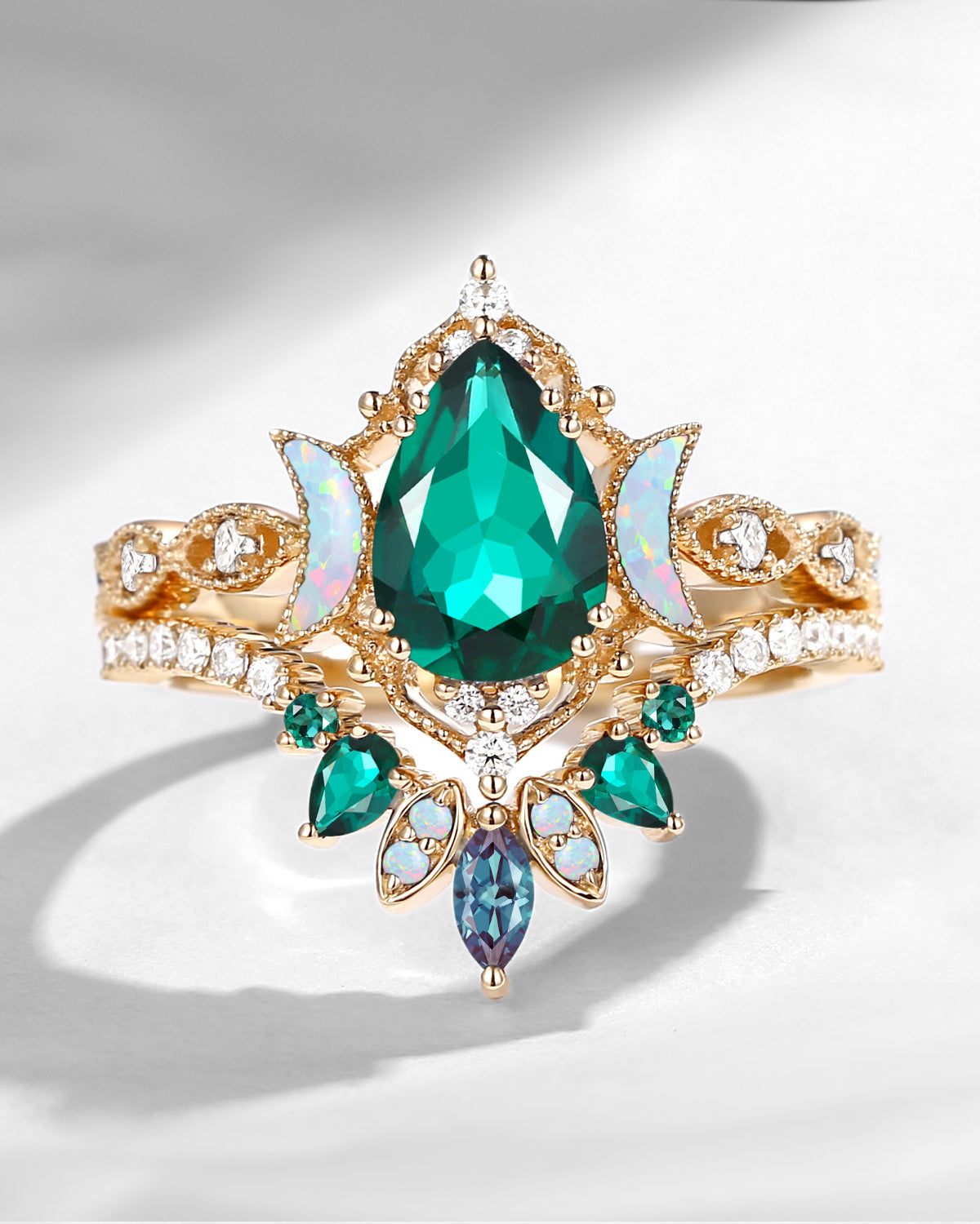Crescent Moon | Pear Cut Lab Emerald 'Ultra Galaxy' Lab Opal Engagement Ring Set 2pcs