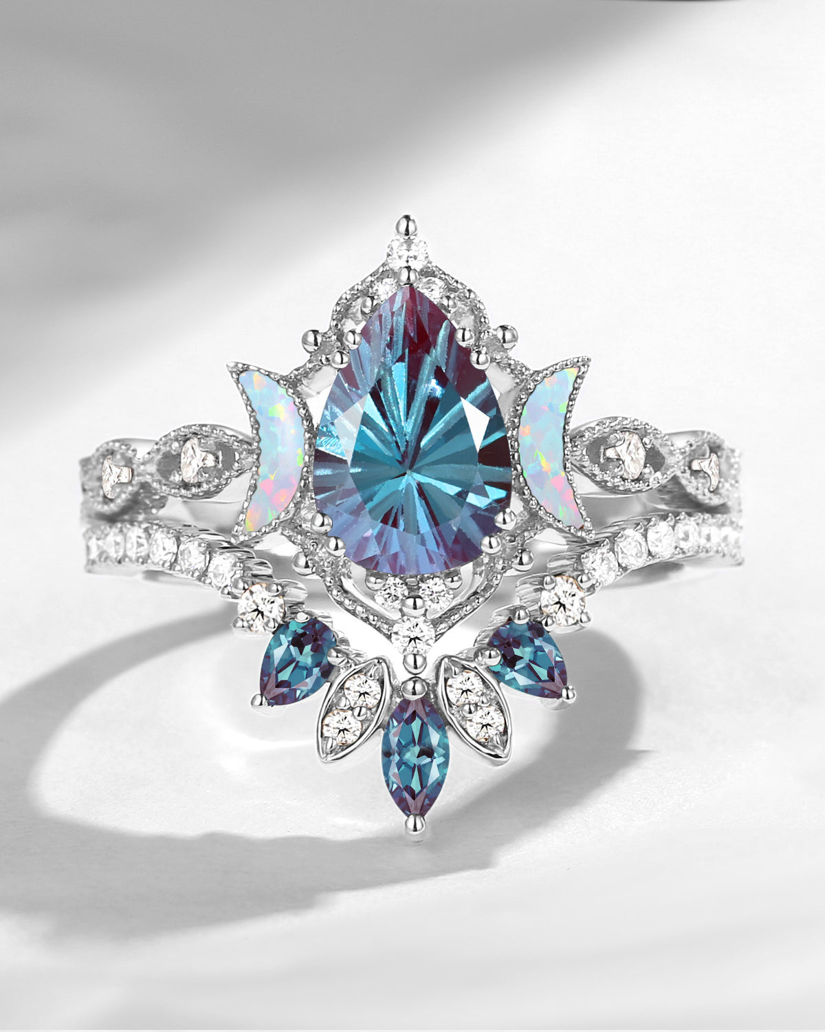 Crescent Moon | Firework Cut Pear Shaped Lab Alexandrite 'Ultra Galaxy' Engagement Ring Set 2pcs