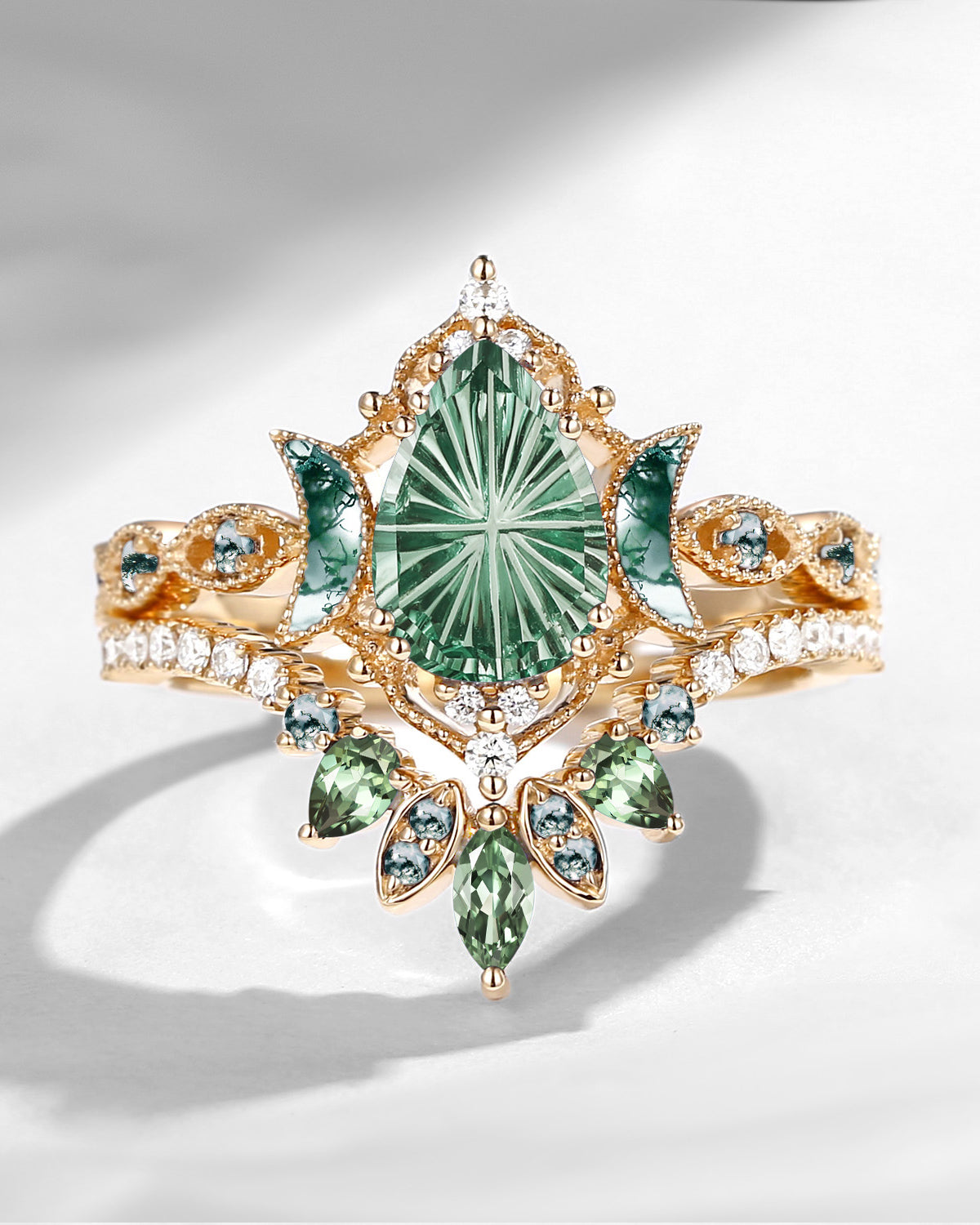 Crescent Moon | Fantasy Carved Pear Lab Green Sapphire 'Ultra Galaxy' Engagement Ring Set 2pcs