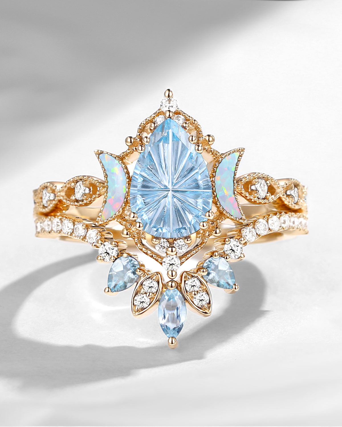 Crescent Moon | Firework Cut Pear Shaped Natural Aquamarine 'Ultra Galaxy' Engagement Ring Set 2pcs